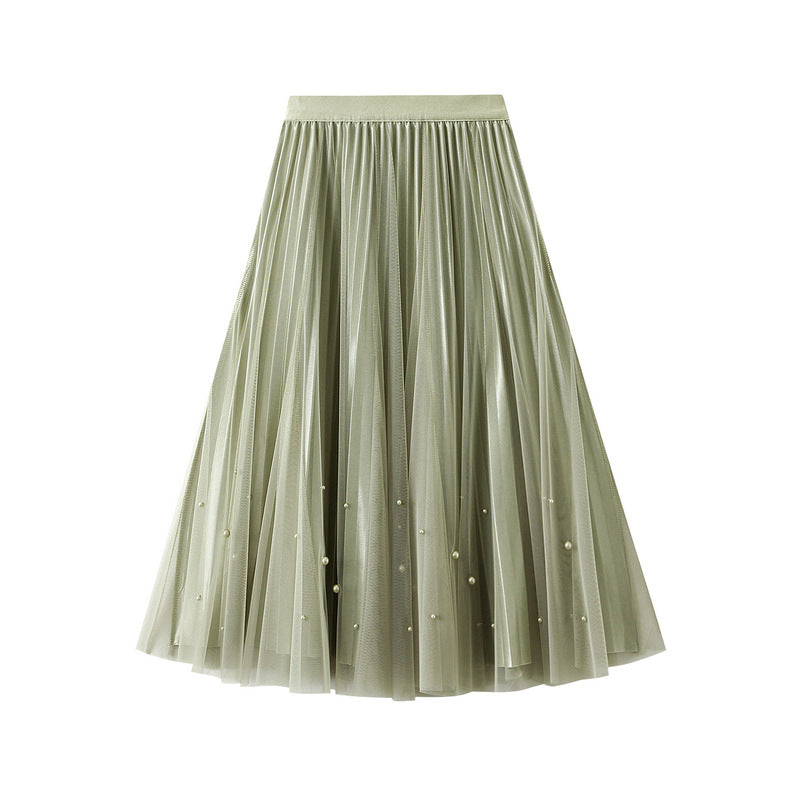 Beaded Mesh High Waist Fairy Pleated Midi A-Line Skirt for Women | Elegant Boho Summer Skirt for Beach, Party & Casual Wear | Style 731