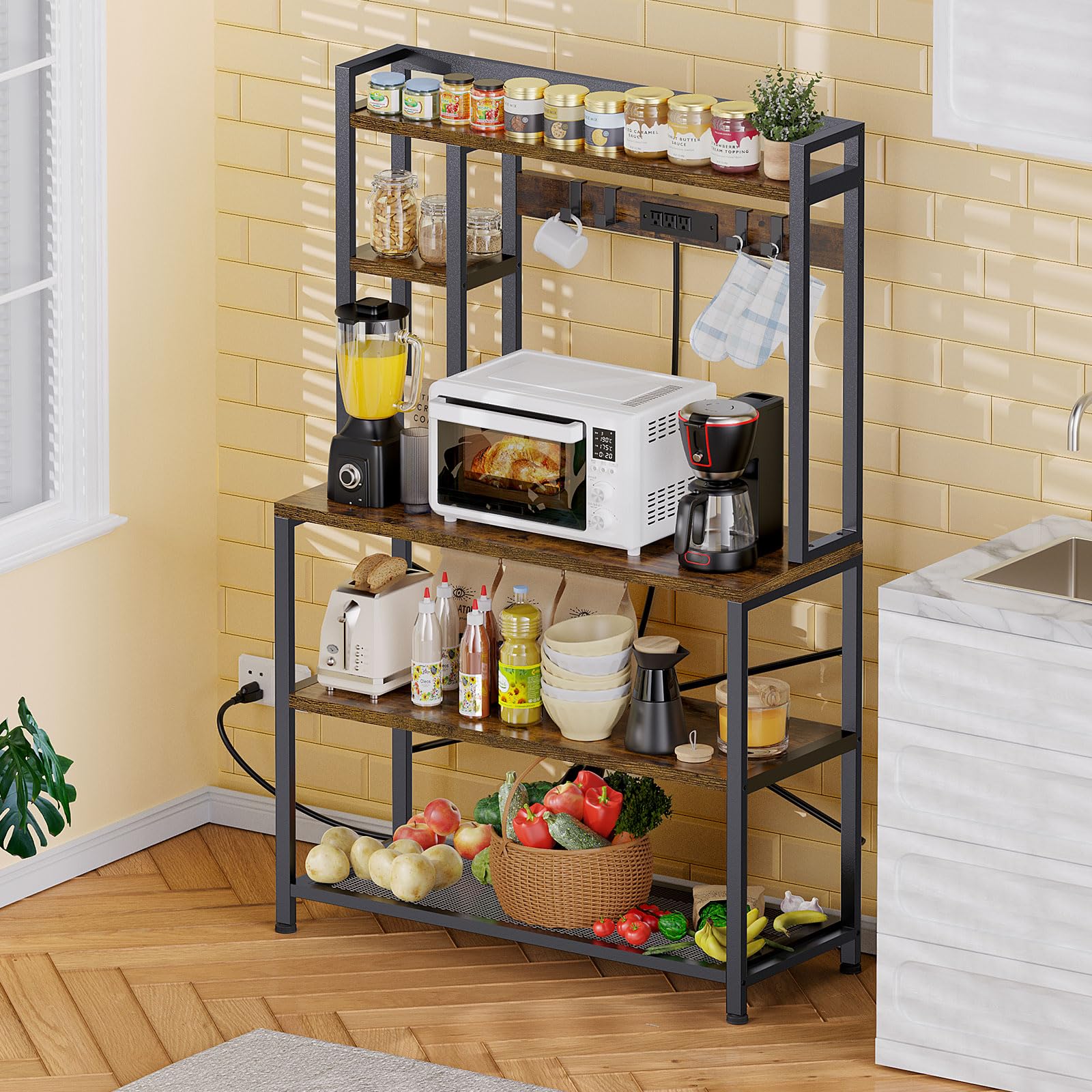 EasyCom 31.5 Inch Bakers Rack with 3 AC Power Outlets - Microwave Stand with Ventilated Mesh Shelf for Vegetables - Coffee Cart with 4 Z-Shaped Hooks - Rustic Brown Kitchen Island Organizer for Coffee Bar, Pantry & Small Space Storage