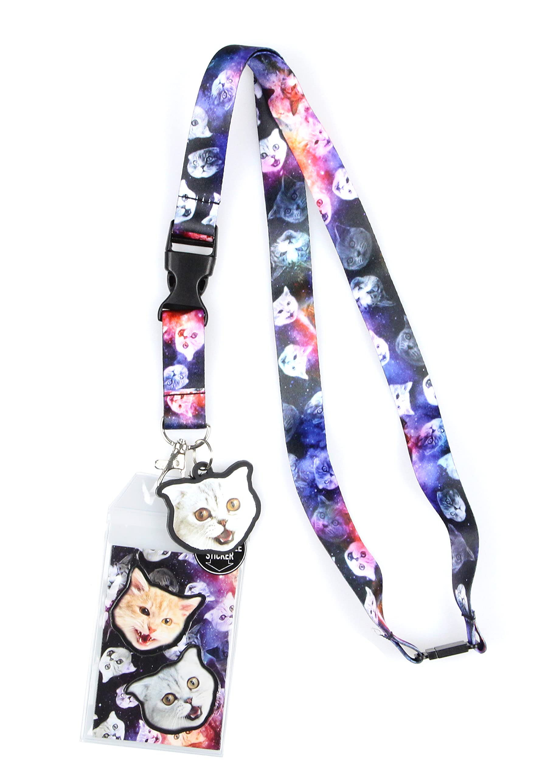 Space Cat Galaxy Breakaway Lanyard with Charm - Clear ID Badge Holder & Keychain for Work, School, Conventions, and Events