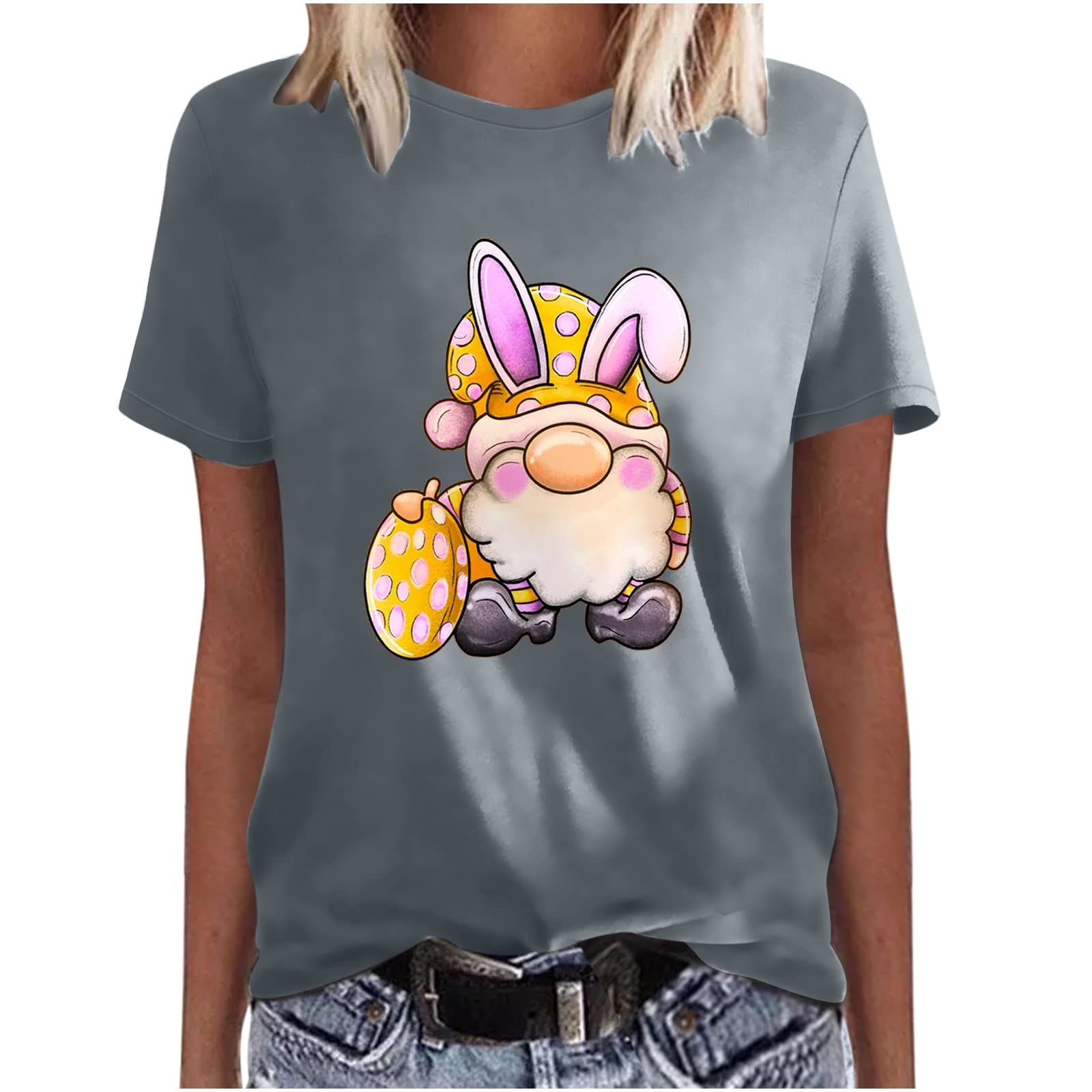 Funny Easter Graphic T-Shirt for Women - Cute Printed Workout Top, Casual Summer Tee, Athletic Pullover Blouse in Gray | Perfect for Gym, Easter Parties & Everyday Wear