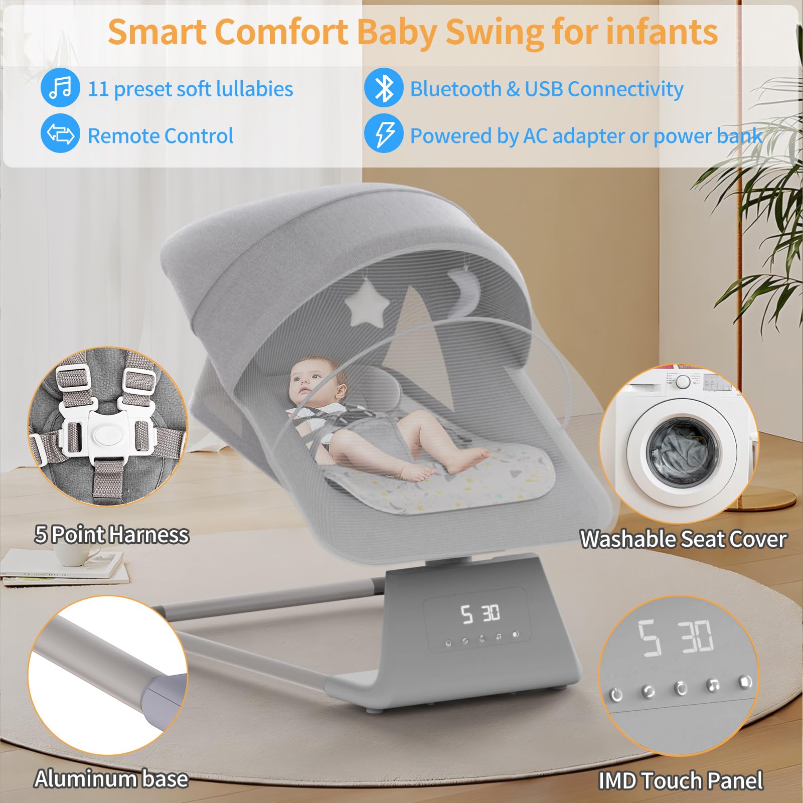 Baby Swing for Infants & Toddlers - Portable Indoor Rocker with Remote, 5 Speed Settings, Bluetooth & 11 Lullabies - Newborn Bouncer for Boys & Girls (Perfect for Nursery, Daycare & Travel)