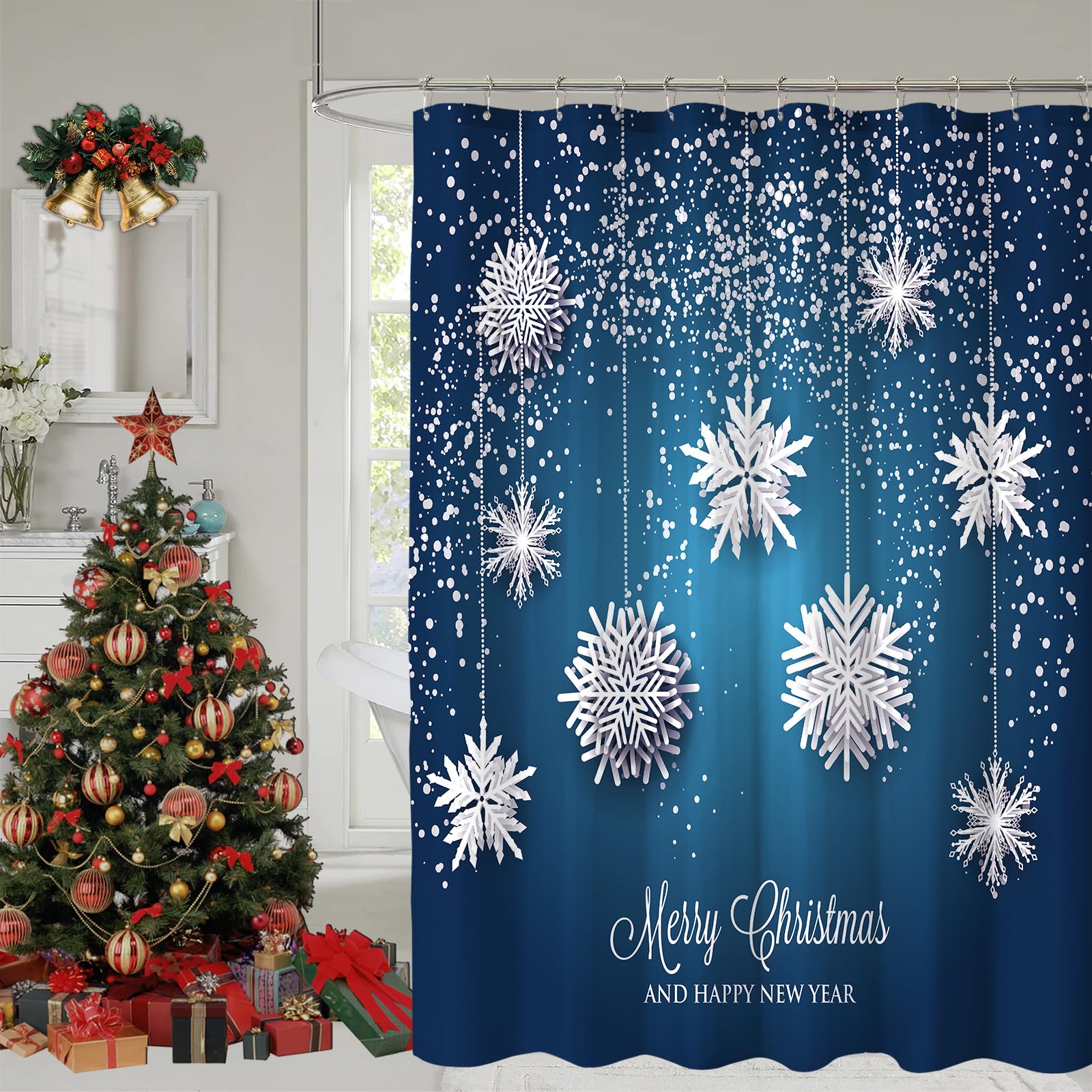YOSTEV Blue Christmas Snowflake Shower Curtain - 72x72 Inch Sparkling Holiday Bathroom Decor with Glitter Fabric for Xmas & Winter Season | Perfect for Festive Bathroom Makeover and Seasonal Home Decoration