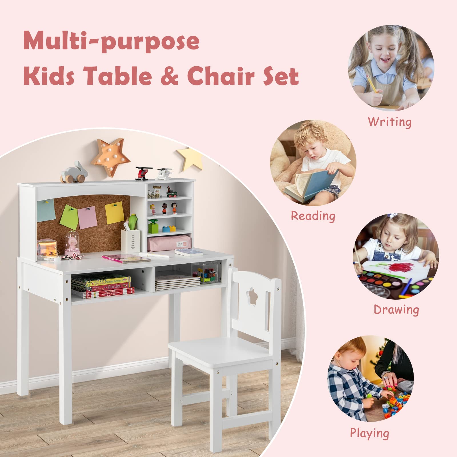 Costzon Kids Desk and Chair Set - Adjustable Wooden Study Desk with Storage Hutch, Cork Bulletin Board & Bookshelf | Ergonomic Student Writing & Computer Workstation for Study Room, Bedroom, Homeschooling & Online Learning (White)