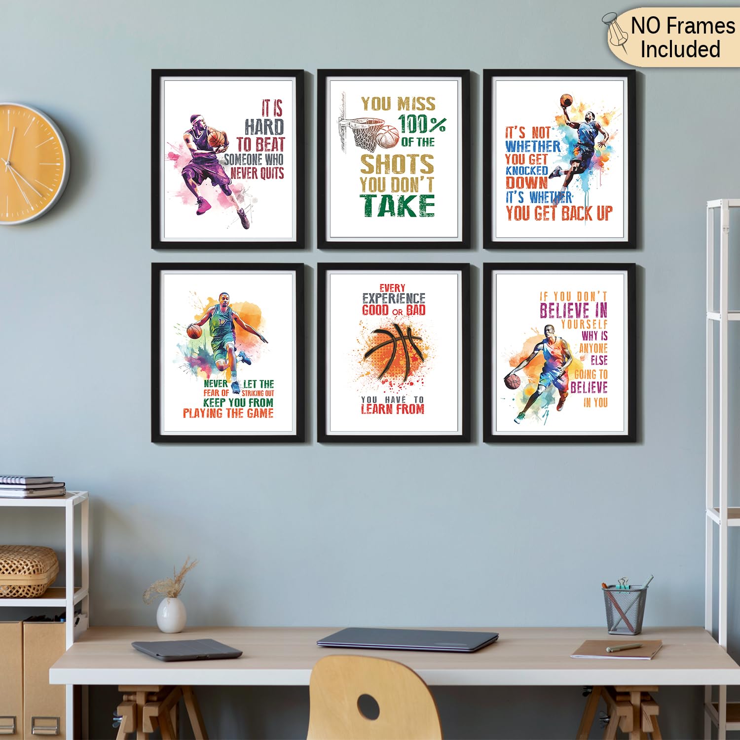 Inspirational Basketball Posters for Bedroom - Motivational Sports Wall Art with Positive Quotes - Set of 6 (8x10 Inch) - Perfect for Boys & Men's Room Decor, Game Room, Office, or Gym