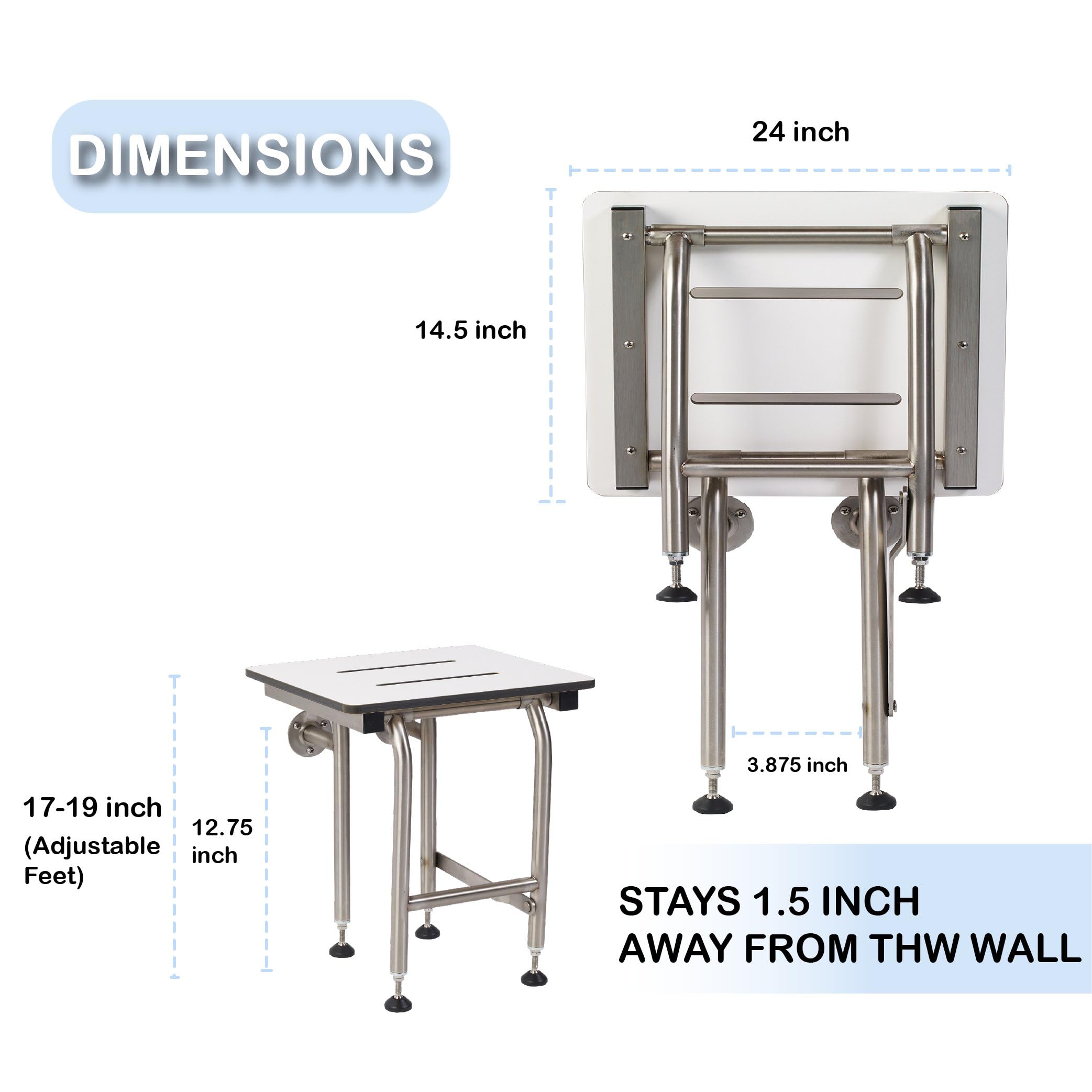 ADA Heavy Duty Shower Chair with Legs - 400lbs Capacity Folding Shower Seat for Elderly & Disabled | 304 Stainless Steel Wall Mounted Bath Seat (24
