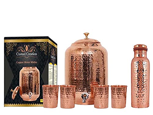 Pure Copper Drinkware Set - 5 Liter Copper Water Pitcher with 4 Glasses & 1 Bottle - Ayurvedic Health Benefits - Perfect for Home, Office & Outdoor Use