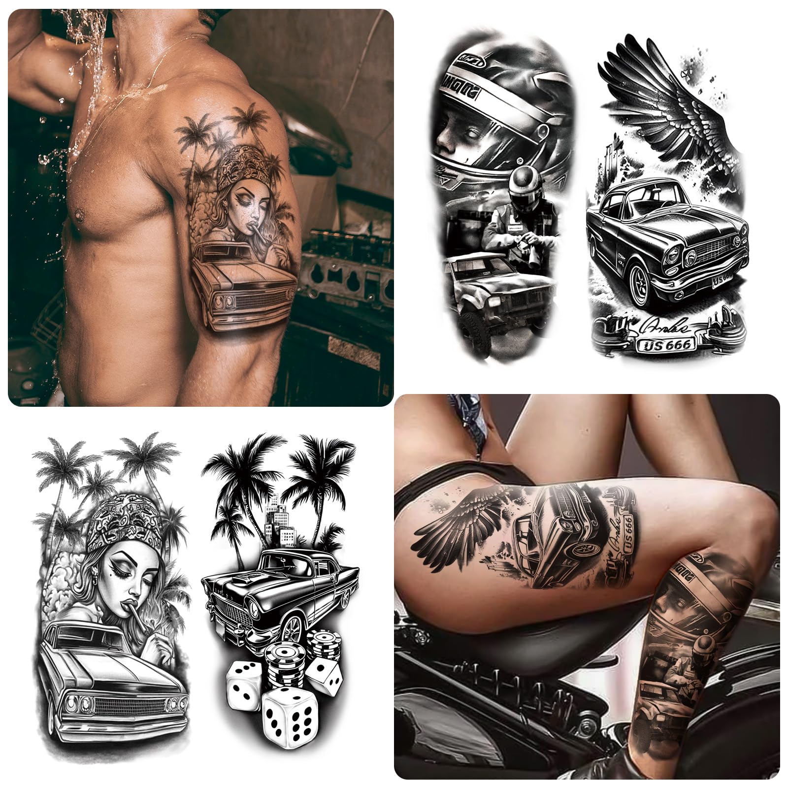 77 Sheets Realistic Car Temporary Tattoos for Adults & Kids - Waterproof Fake Tattoo Stickers (17 Half Arm Race Car + 60 Black Holiday Truck Designs) - Perfect for Parties, Halloween, Cosplay & Car Enthusiasts