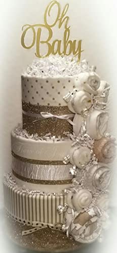 Handmade White and Gold Diaper Cake - Perfect Baby Shower Gift for Girls, Unique Birthday Present, Newborn Celebration Decor - Ideal for Baby Showers, Birthdays, and Gender Reveal Parties