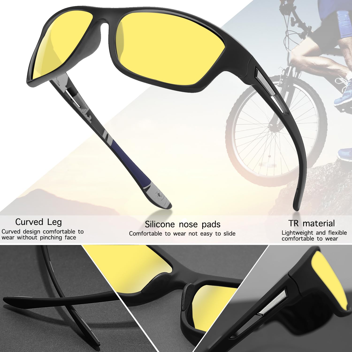 Polarized Night Driving Glasses for Men & Women - Anti Glare UV Protection Sunglasses for Night Vision, Cycling, Biking - Perfect for Low Light Conditions & Road Safety