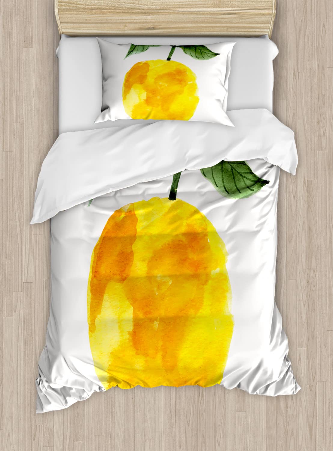 Ambesonne Yellow and Orange Duvet Cover Set - Queen Size 2-Piece Bedding with Lemon Watercolor Design | Summer Nature Theme Duvet Cover & Pillowcases (2 Pack) | Perfect for Guest Rooms, Beach Houses & Summer Bedroom Decor