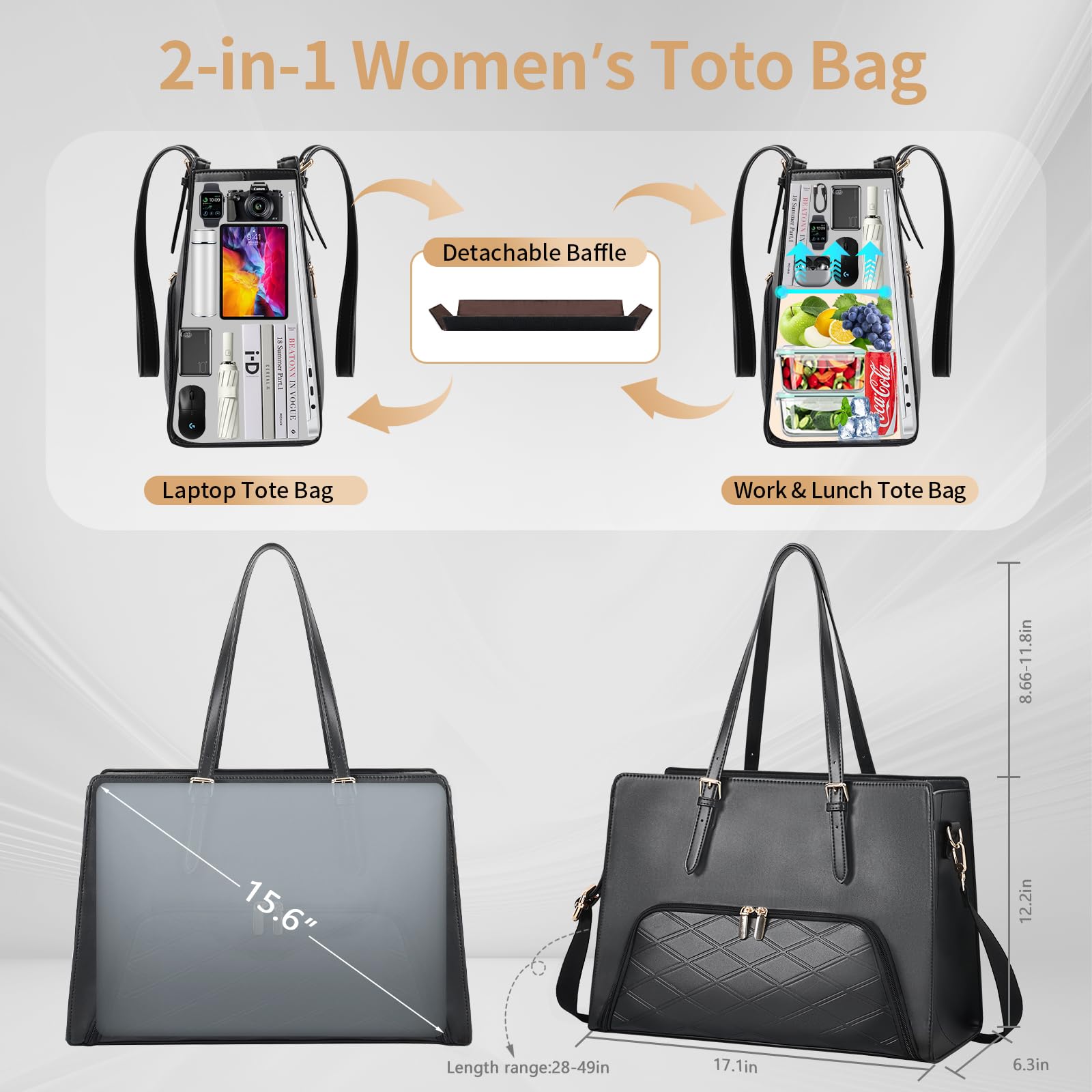 BERTASCHE 15.6 Inch Laptop Tote Bag for Women - PU Leather Waterproof Work Bag with Insulated Lunch Compartment - Business Briefcase & Office Shoulder Handbag - Perfect for Commuting, Business Travel & Work Essentials (Black)