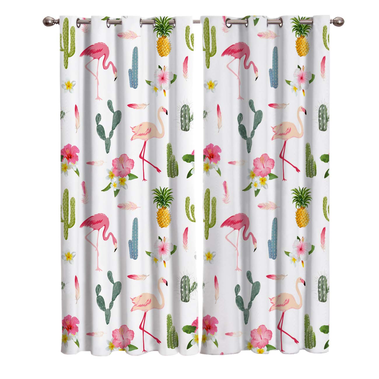 T&H Home Blackout Curtains - 2 Panels Set with Silver Grommet, Cartoon Flamingo & Cactus Pattern, 104