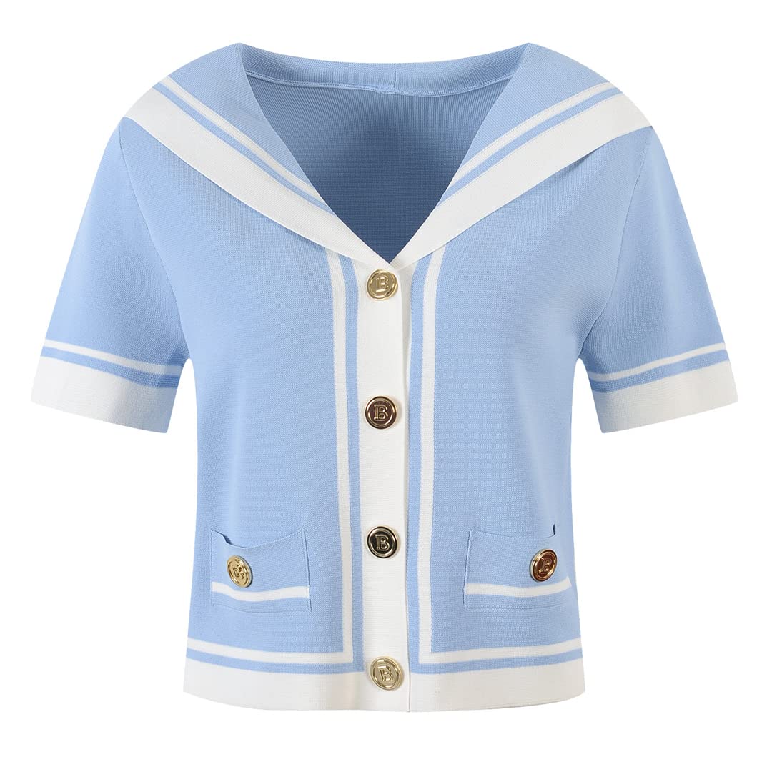 Korean Striped Knitted Cardigan for Women - Summer Short Sleeve Blue Top | Casual Outfit & Beach Cover-Up
