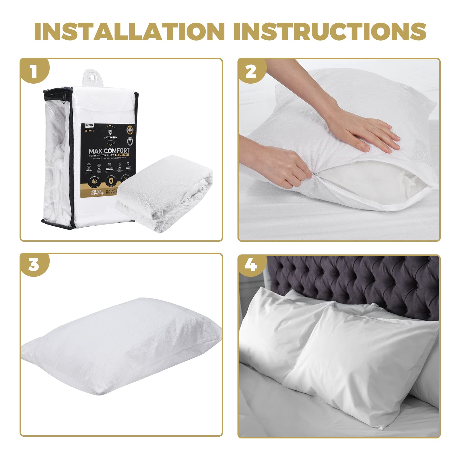 4 Pack Queen Size Organic Cotton Pillow Protectors - Waterproof, Bed Bug Proof Zippered Pillow Covers - 100% Breathable Terry Cotton for Allergy Relief - Perfect for Hotels, Dorms & Home Use (White)