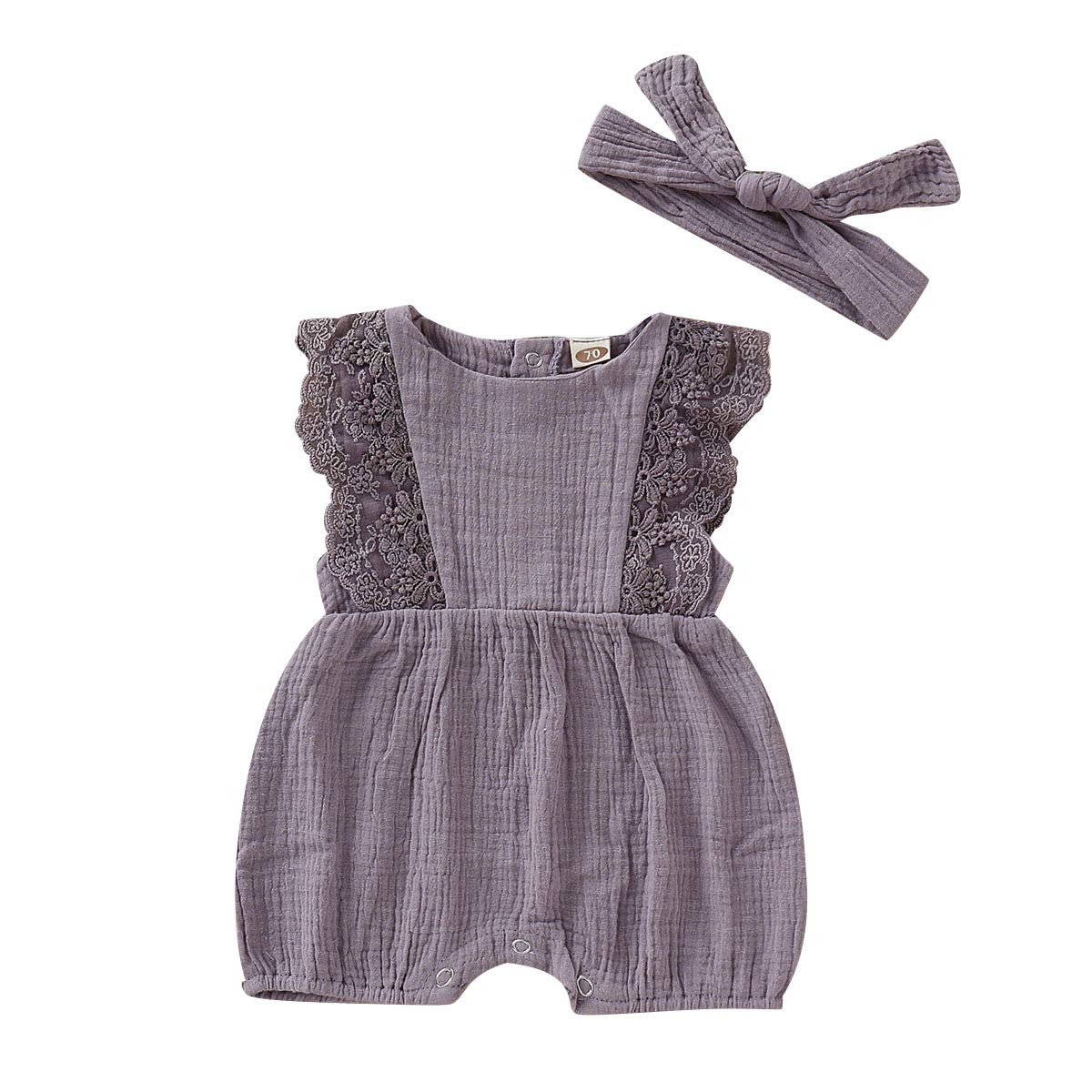 Baby Girls' Ruffle Sleeveless Lace Linen Romper Jumpsuit with Headband - Summer Sunsuit for Newborn Infant Outfits | Perfect for Beach, Photo Shoots & Outdoor Play