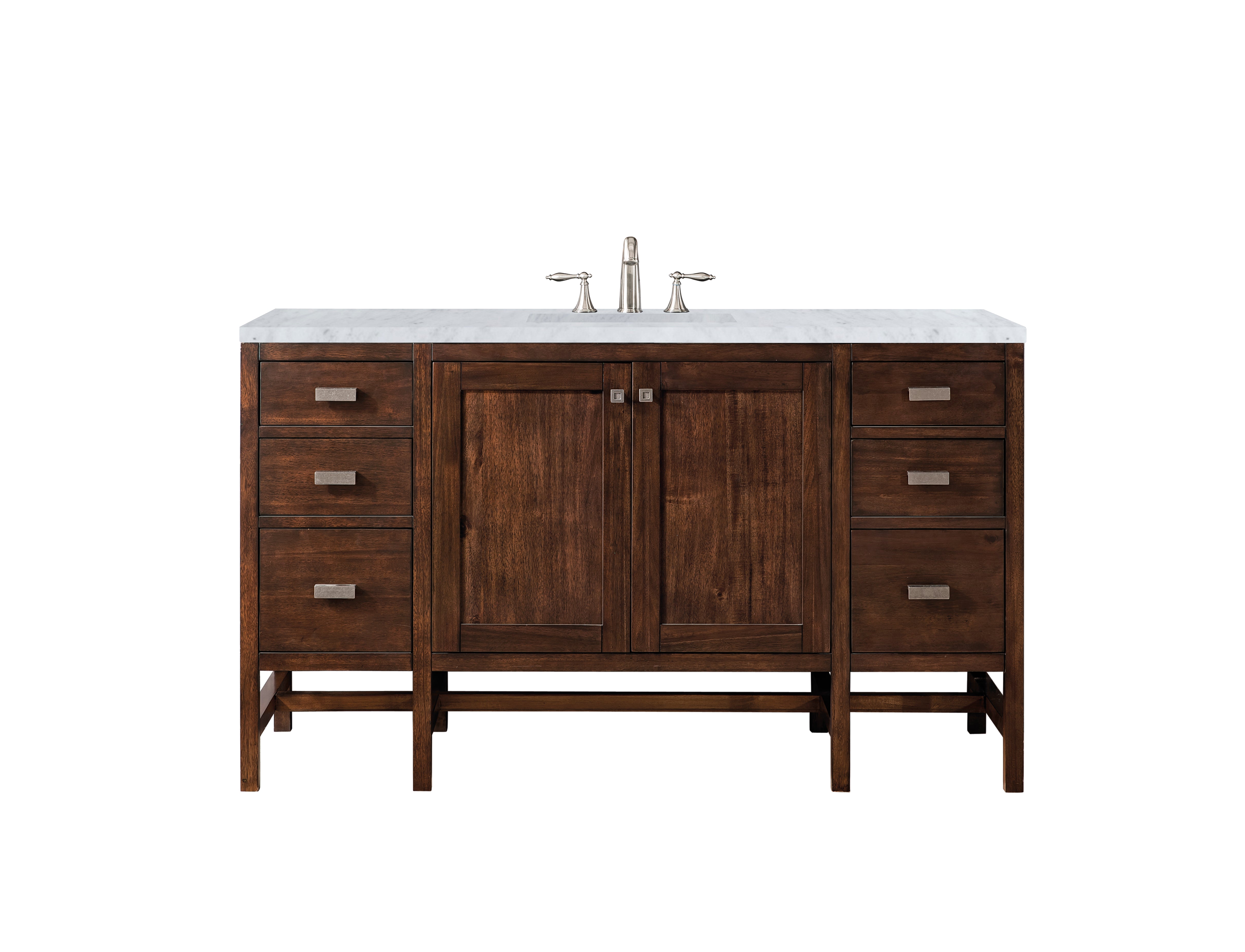 Addison 60 Inch Single Vanity Cabinet with Carrara White Top - Mid Century Modern Acacia Wood Bathroom Vanity for Small Spaces, Perfect for Powder Rooms & Guest Baths