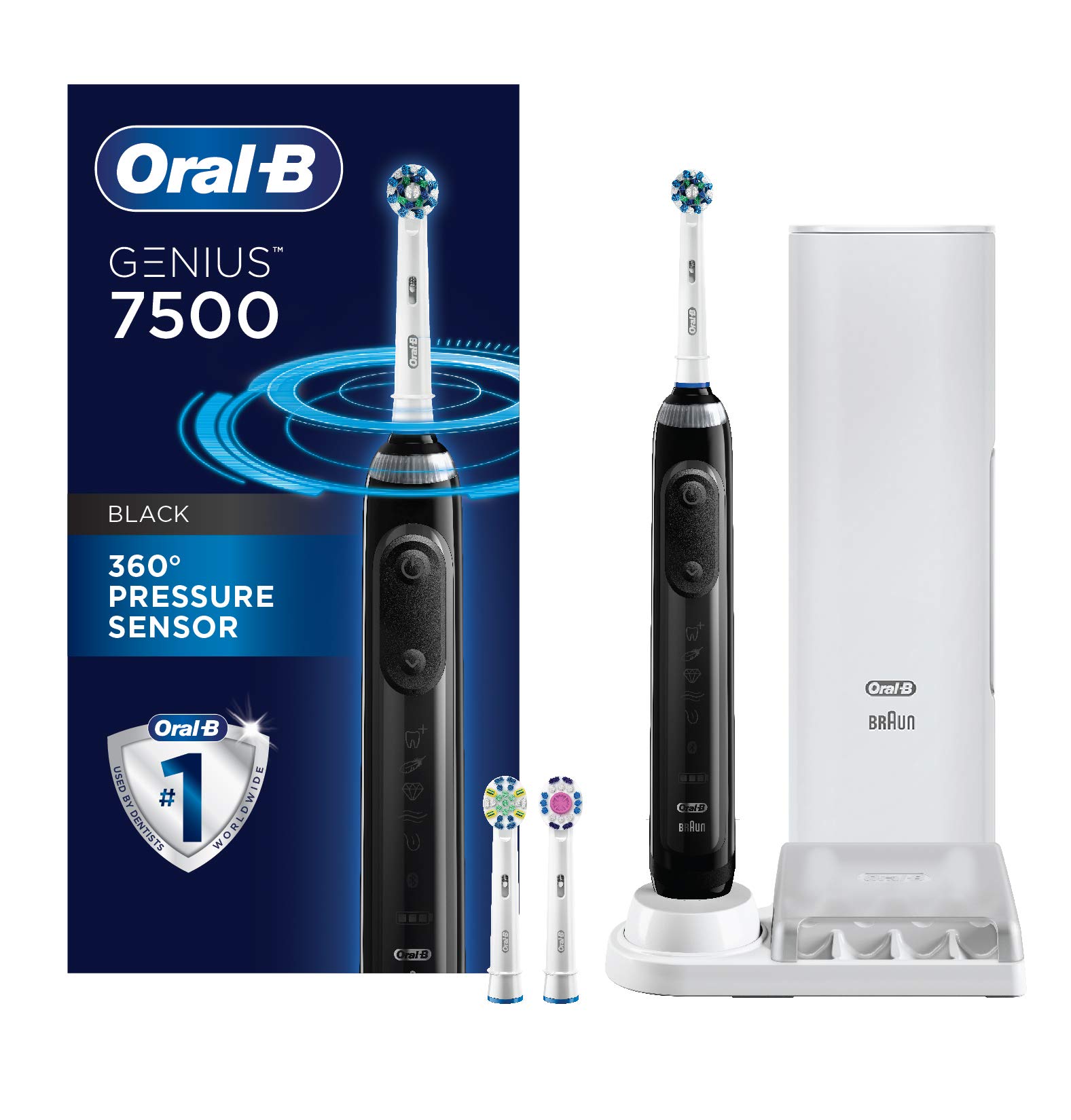 Oral-B 7500 Electric Toothbrush with 3 Replacement Brush Heads & Travel Case - Black | Smart Pressure Sensor, Bluetooth Connectivity | Perfect for Travel & Daily Oral Care