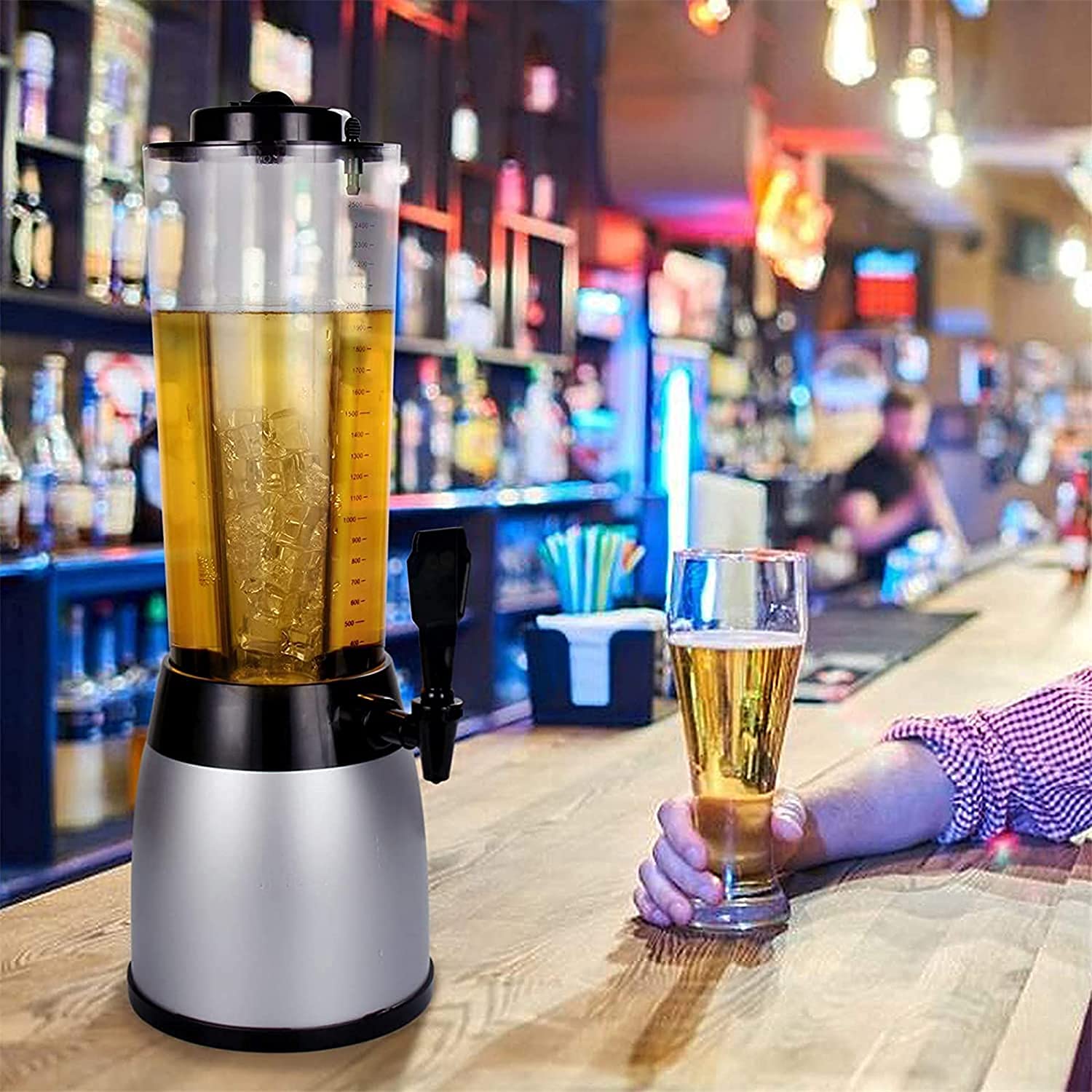 2.5L LED Color Changing Beer Tower Dispenser with Ice Tube - Stainless Steel Drink Dispenser for Parties, Game Day, Bars & Outdoor Events
