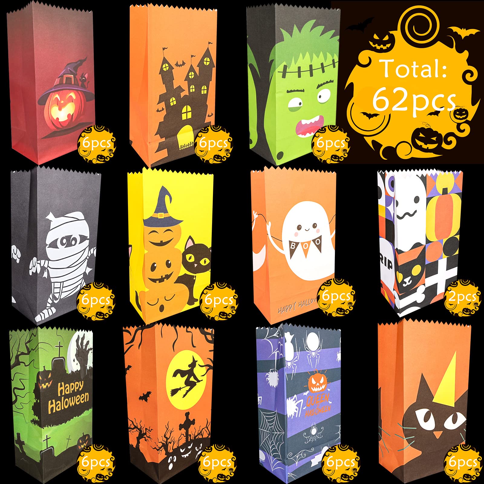 62 Pack Halloween Treat Bags with 72 Stickers - Cute Trick or Treat Candy Goodie Bags for Kids, Halloween Party Favors, Classroom Treats & Neighborhood Halloween Events