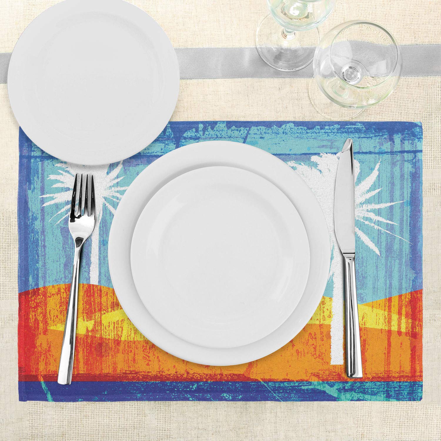 Ambesonne 4-Piece Burnt Orange Placemats Set - Modern Tropical Beach with Palm Trees Design, Washable Fabric Place Mats for Dining Table, Kitchen Decor in Orange, Blue & White | Perfect for Indoor & Outdoor Dining, Parties, and Home Decor