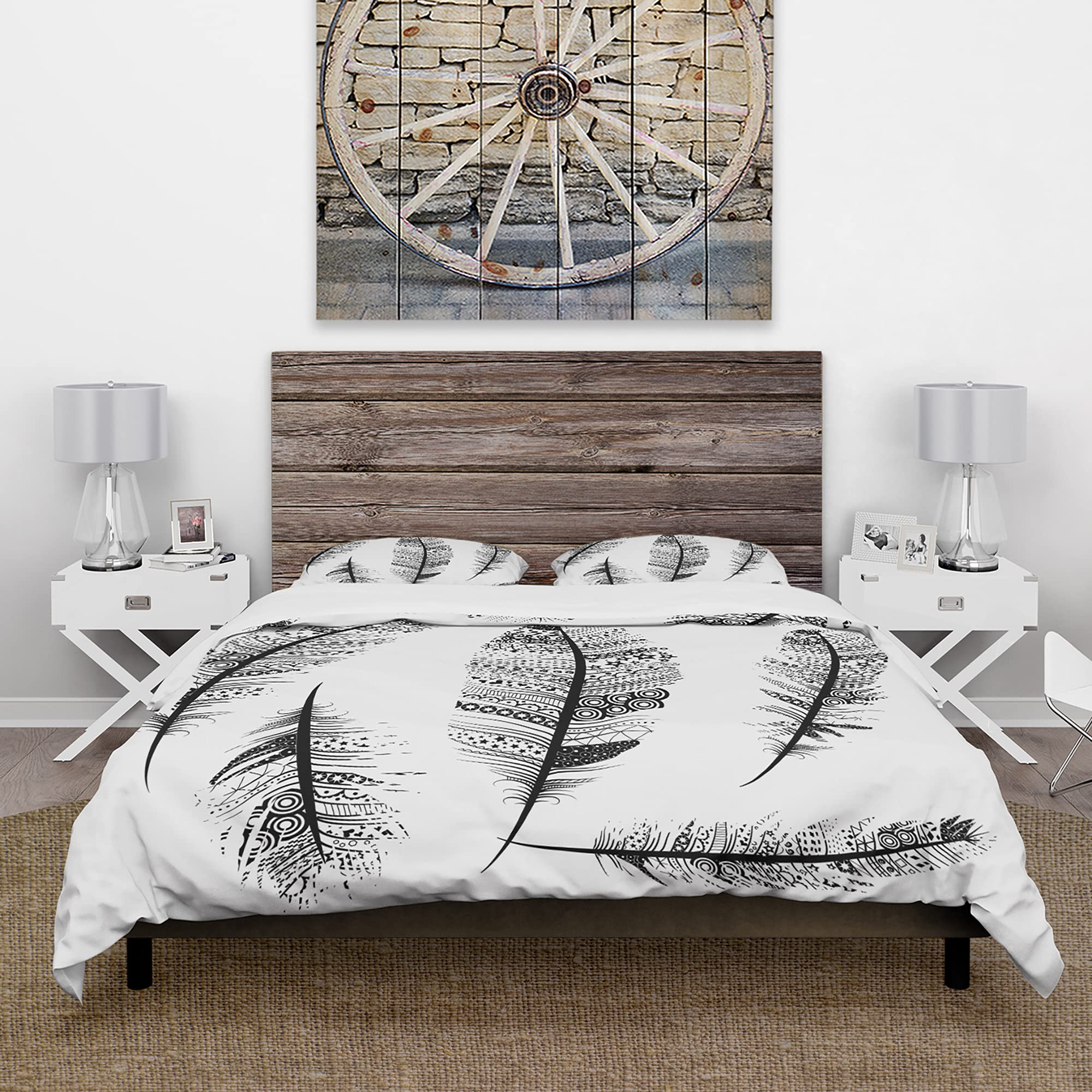 Bohemian Feather Duvet Cover King - Vintage Tribal Pattern Bedding Set for Cozy Cottage Style