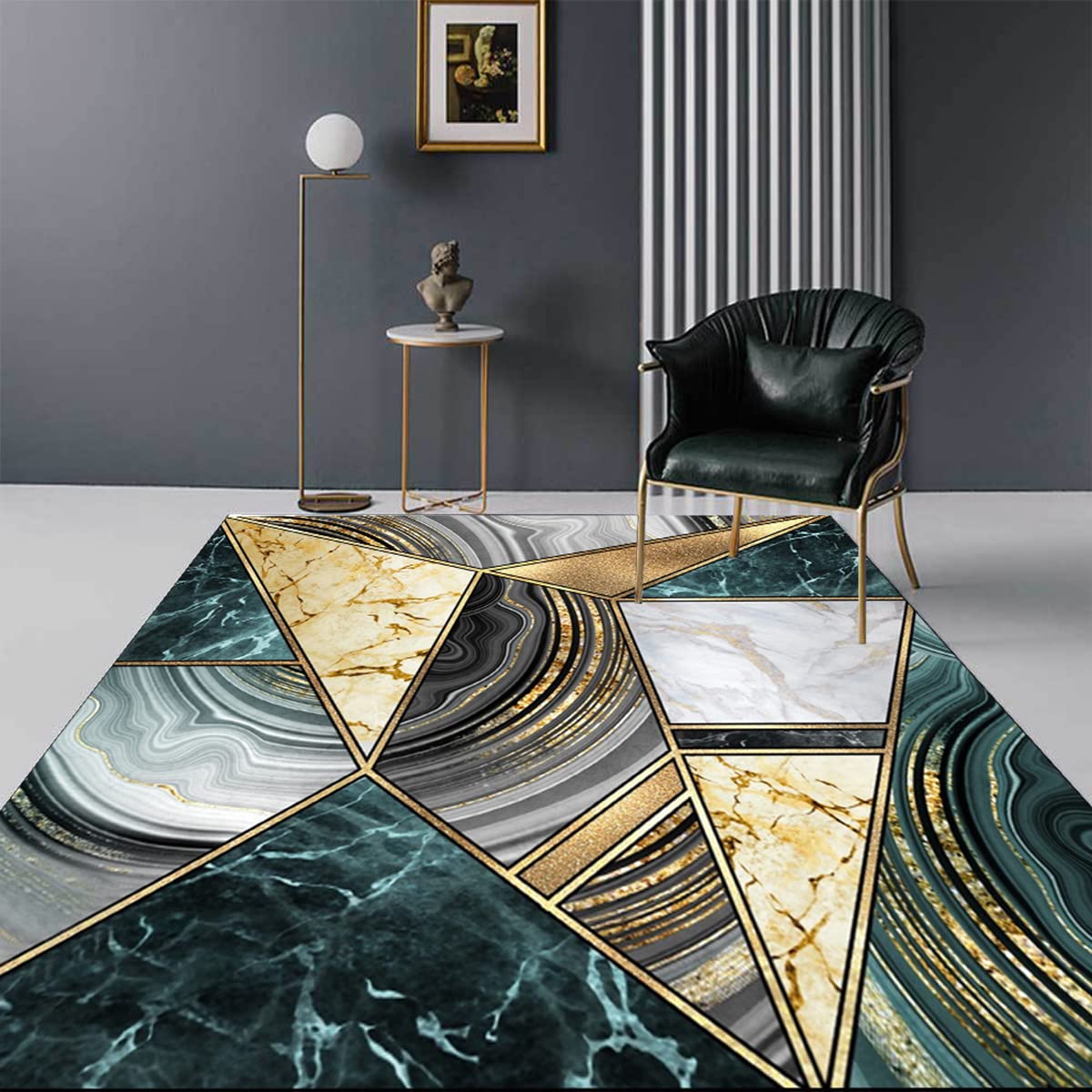 Grey Gold Blue Patchwork Modern Abstract Area Rug 6x8 ft - Non-Slip Indoor Runner with Marble Swirl Design for Living Room, Bedroom, Dining Table & Home Office - Vintage Aesthetic Carpet for Cozy Spaces