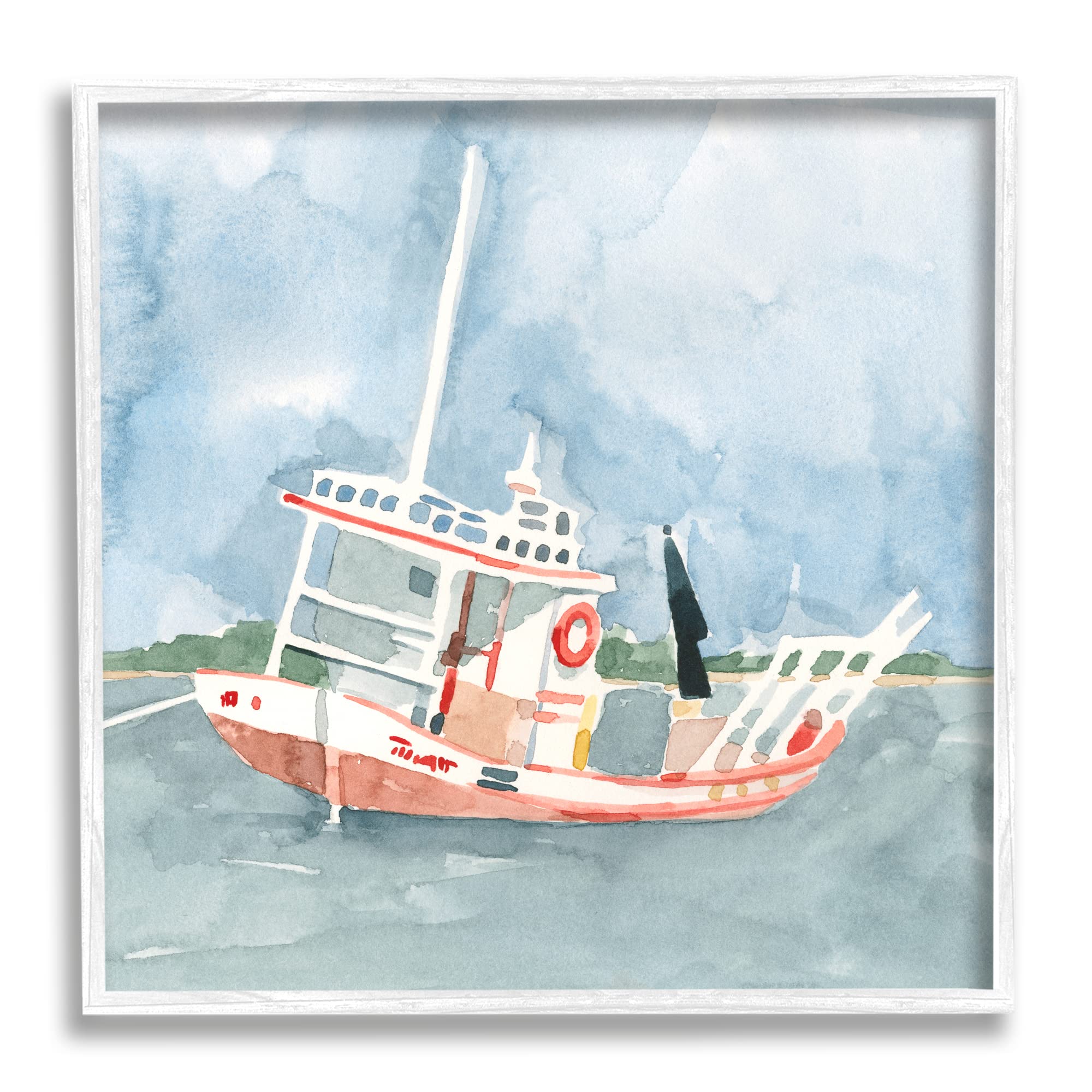 Stupell Industries Fishing Boat Sea Travel Vessel Watercolor Painting by Emma Caroline - Coastal Decor, Nautical Wall Art for Living Room, Bedroom & Office