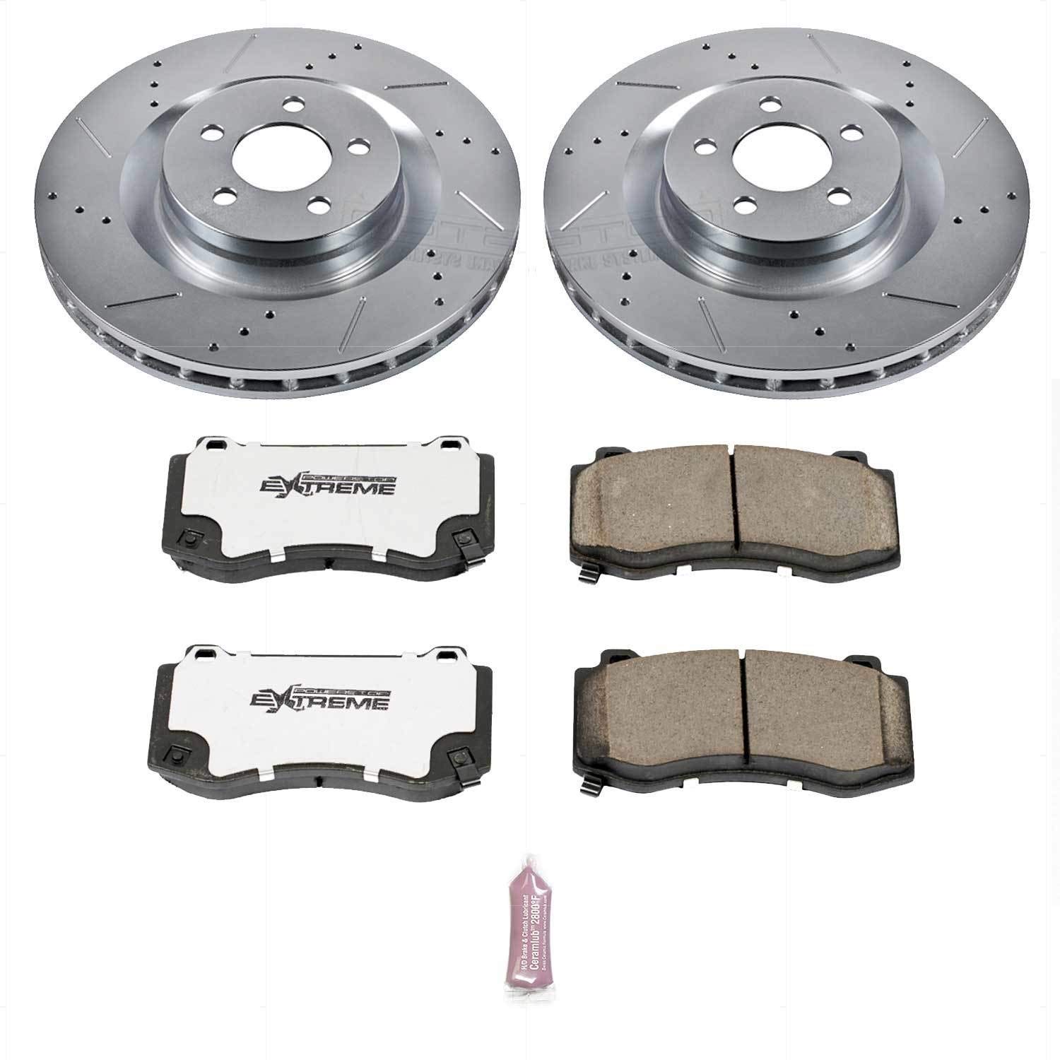 Power Stop K4695-26 Z26 Carbon Fiber Brake Pads & Drilled Slotted Rotors Kit for Chrysler 300, Dodge Challenger, Charger, Magnum - High Performance Braking for Street & Track Use