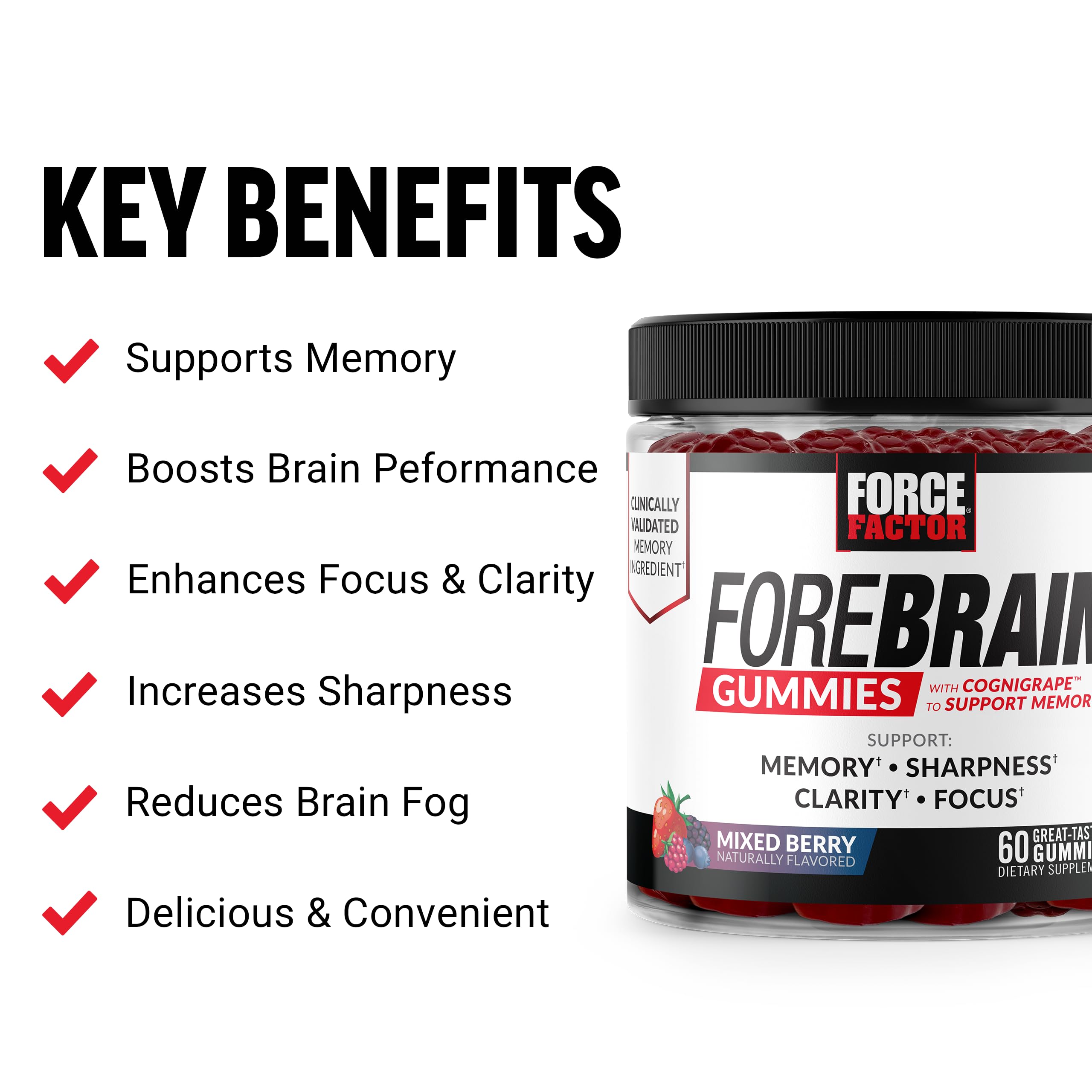 Force Factor Forebrain Gummies - Nootropic Brain Support Supplement for Memory & Focus | Brain Vitamins with COGNIGRAPE & Huperzine A | Focus Gummies to Enhance Recall & Mental Sharpness | 60 Count | Perfect for Students, Professionals & Gamers