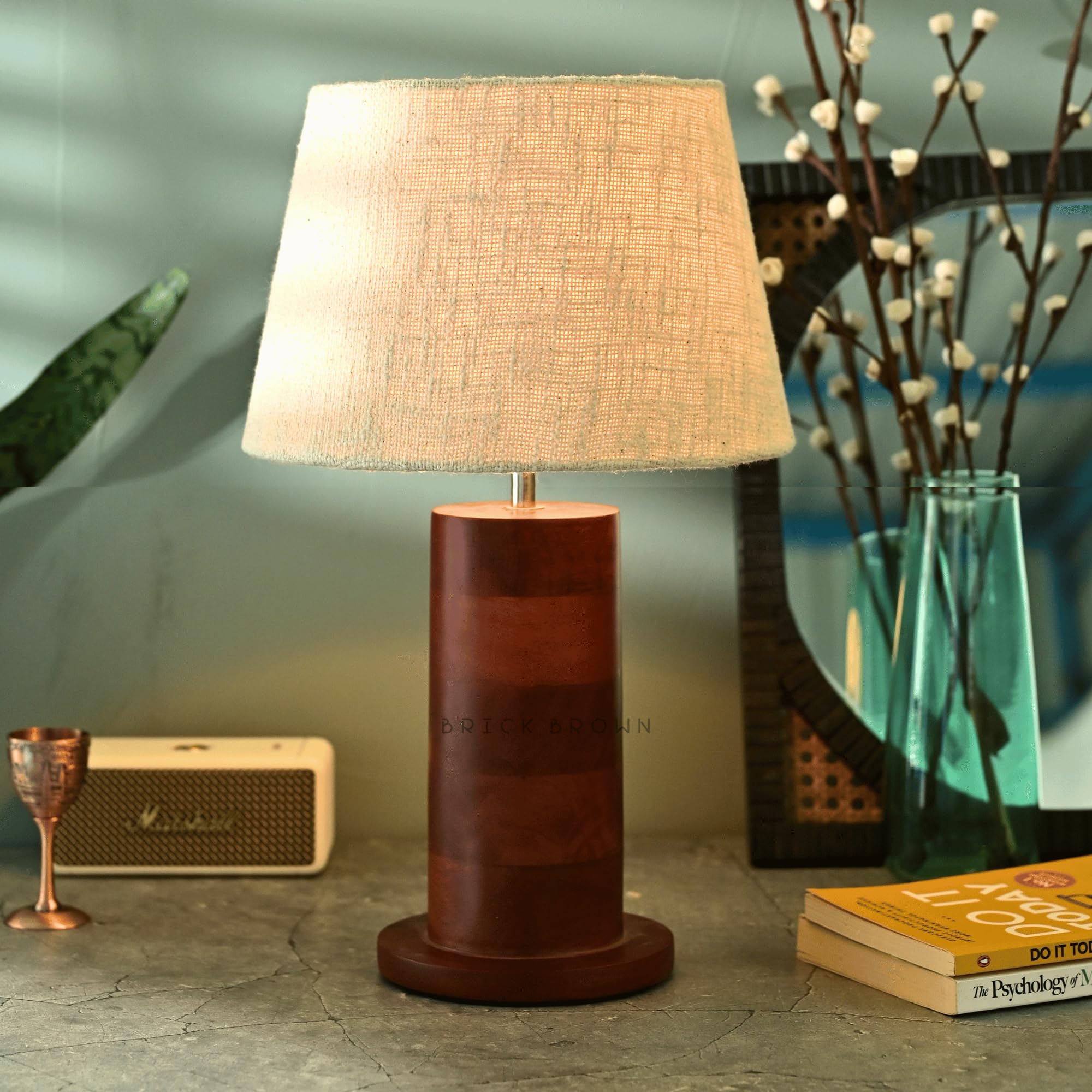 Brick Brown ® Premium Wooden Rounded Twist Table Lamp with Fabric Shade & LED Bulb - Modern Bedside Night Light for Bedroom, Living Room, Study Room - Warm Ambient Lighting for Reading & Relaxation