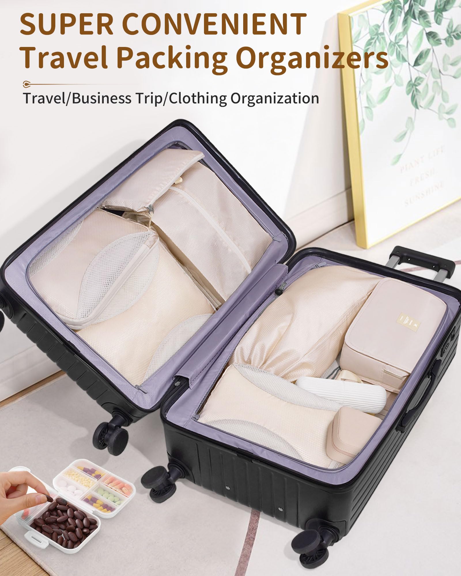 12-Piece Compression Packing Cubes Set - Expandable Luggage Organizers for Travel | Suitcase Storage Bags | Space-Saving Travel Essentials in Beige & Cream | Perfect for Business Trips, Vacations & Backpacking
