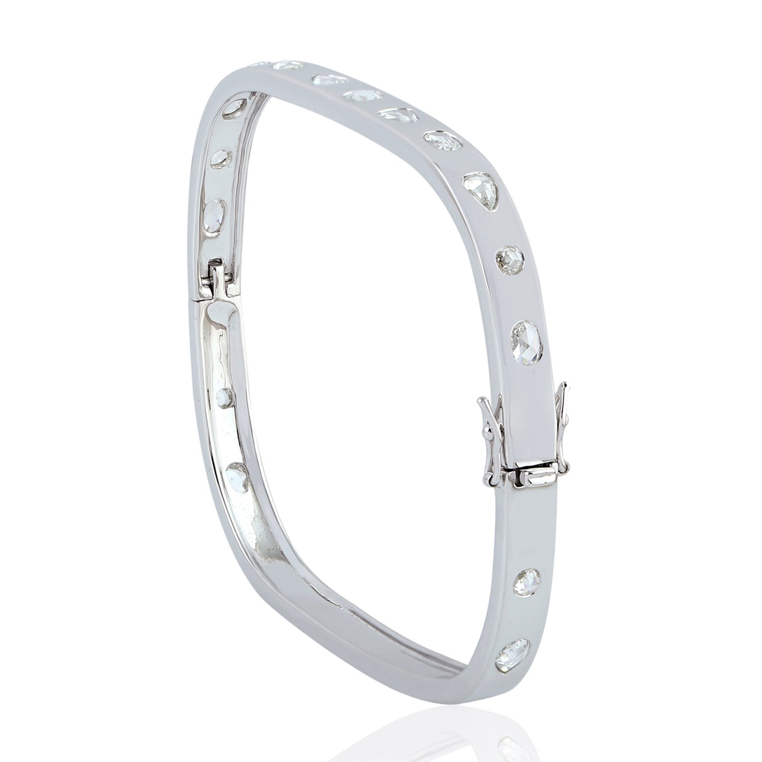 18K White Gold Bezel Set Uncut/Rose Cut Diamond Wedding Bangle - Elegant Bridal Jewelry for Engagement, Anniversary & Special Occasions