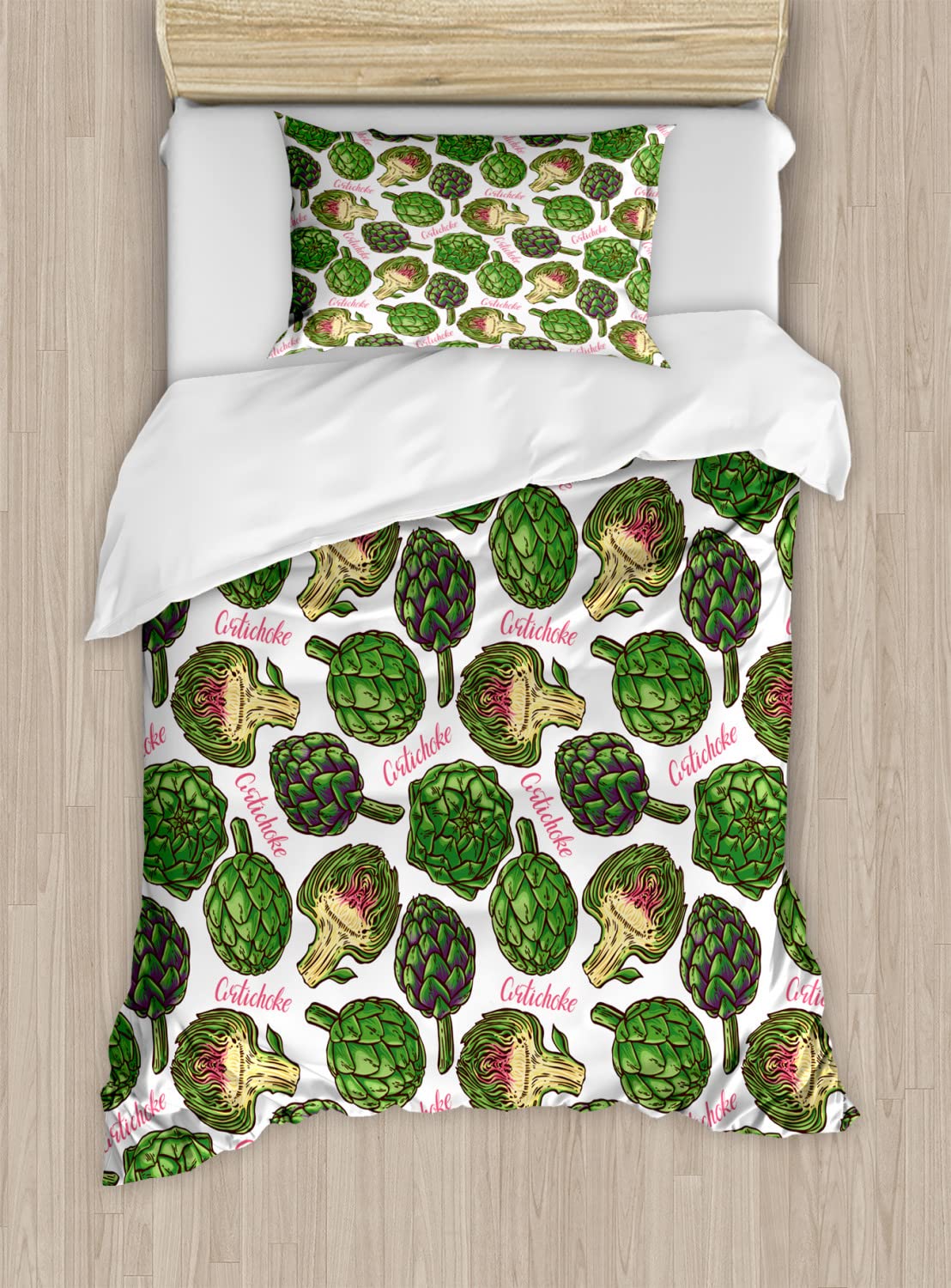 Ambesonne Artichoke Duvet Cover Set - Hand-Painted Superfood Design in Vibrant Hunter Green & Fern Green | 2-Piece Twin Size Bedding Set with 2 Duvet Covers & 2 Pillowcases | Perfect for Modern Kitchens, Farmhouse Bedrooms & Cooking-Themed Decor