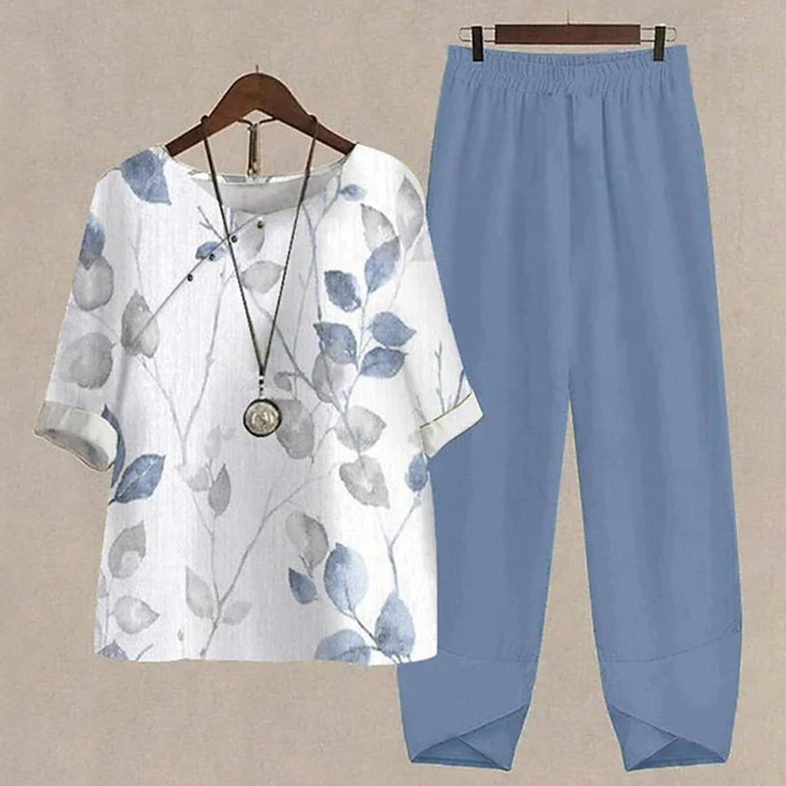 Women's 2-Piece Summer Cotton Lounge Set - Soft Short Sleeve Shirt & Comfortable Capri Pants for Vacation, Beach, and Casual Wear | Breathable Linen Pajama Set for Relaxing at Home