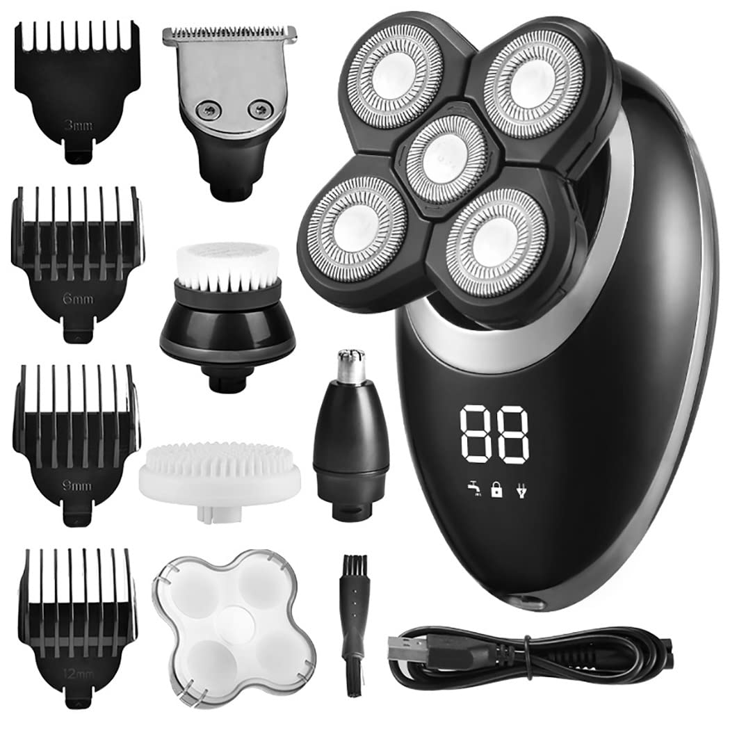 Premium 5D Electric Head Shaver for Bald Men - 5 Floating Blades, Beard & Nose Hair Trimmer with LCD Display (Silver, Package A) - Perfect for Home, Travel & Gym Grooming