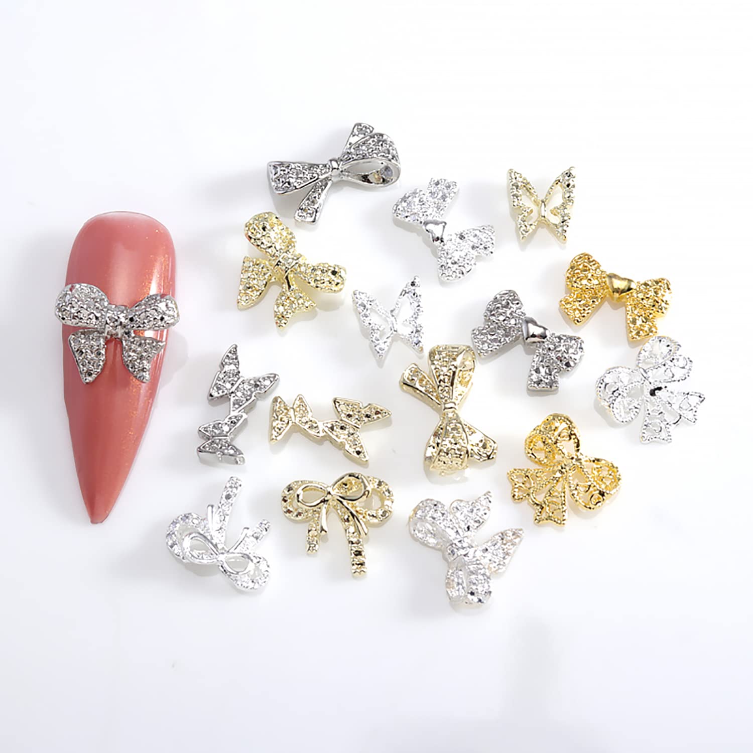 48Pcs 3D Butterfly Bow Nail Charms - Gold & Silver Nail Art Decorations for Acrylic Nails, Manicure, DIY Nail Designs - Perfect for Parties, Weddings, and Special Occasions