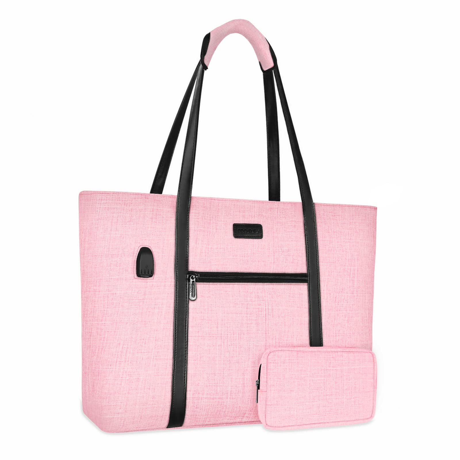 MOSISO 17-17.3 Inch Laptop Tote Bag for Women - USB Charging Port, Compatible with MacBook & Chromebook, Work Travel Business Computer Bag with Small Purse (Pink) - Perfect for Office, Commuting & Business Trips