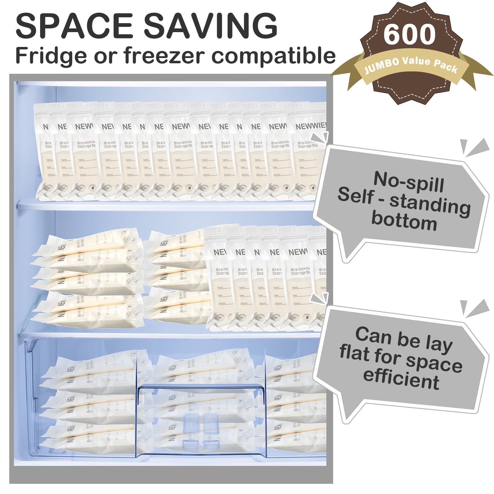 600 Count Breastmilk Storage Bags - 7oz Leakproof Freezer Bags for Breastfeeding Moms with Double Seal, Self Standing Design for Refrigeration & Freezing (Gray) - Perfect for Pumping, Storing & Organizing Breast Milk at Home or Work