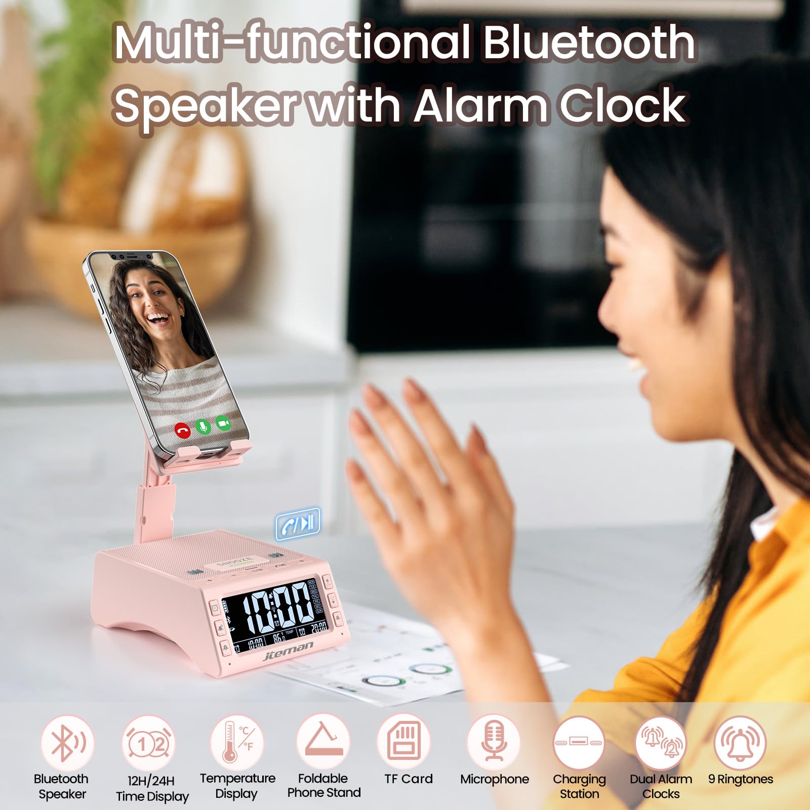 JTEMAN Wireless Bluetooth Speaker with Adjustable Cell Phone Stand - Cool Tech Gadget for Kitchen, Office, or Travel - Unique Birthday Gift for Men, Women, Husband, Boyfriend (Pink)