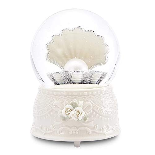 Exquisite Snowflake Sequin Crystal Ball Music Box - 10-14cm White Pearl Shell Musical Figurine for Home Decor, Gift & Wedding Favors | Perfect for Christmas, Birthday & Anniversary Celebrations