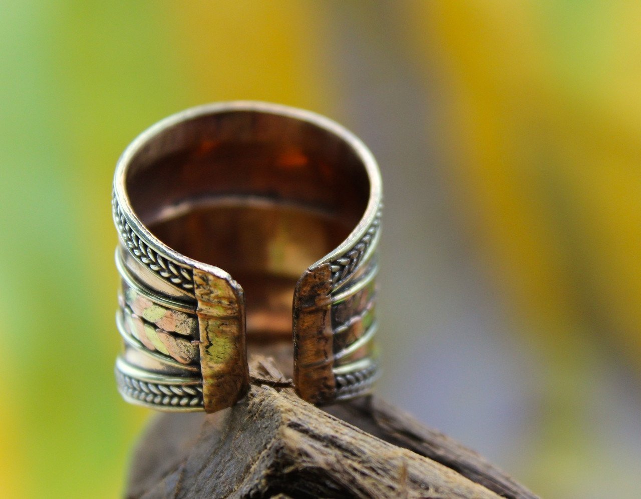 Adjustable Copper and Brass Mantra Ring for Yoga, Meditation & Spiritual Healing - Handmade Boho Jewelry for Women & Men