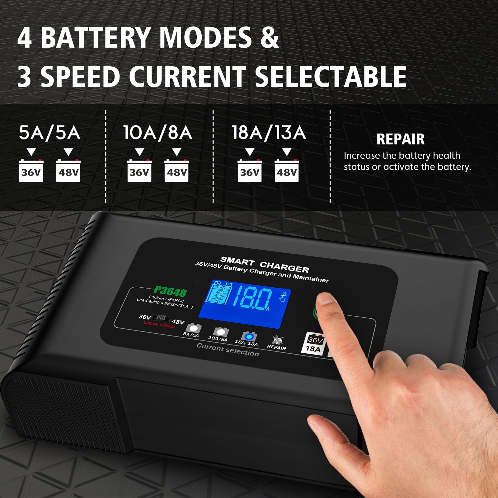 48V 13A & 36V 18A Golf Cart Battery Charger - Compatible with 48V Club Car, Lithium/LiFePO4/Lead-Acid AGM/Gel/SLA Batteries - 3 Pin Round Plug - Perfect for Golf Carts, Electric Vehicles & Outdoor Power Equipment
