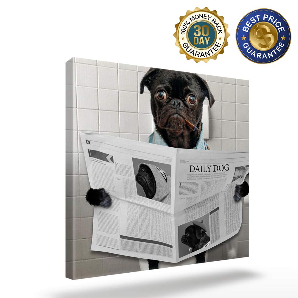 Funny Pug Reading Newspaper in Toilet Canvas Wall Art - 24x24 Inch Framed Bathroom Decor, Ready to Hang for Kitchen & Bedroom - Perfect for Humor Lovers & Pet-Themed Home Decor