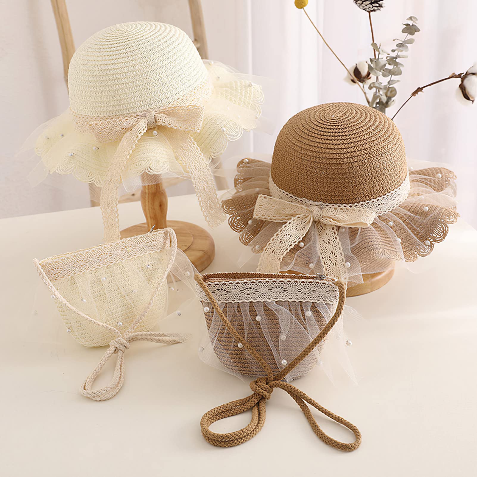 Girls Lace Sun Hat & Pearl Purse Set for Beach & Summer