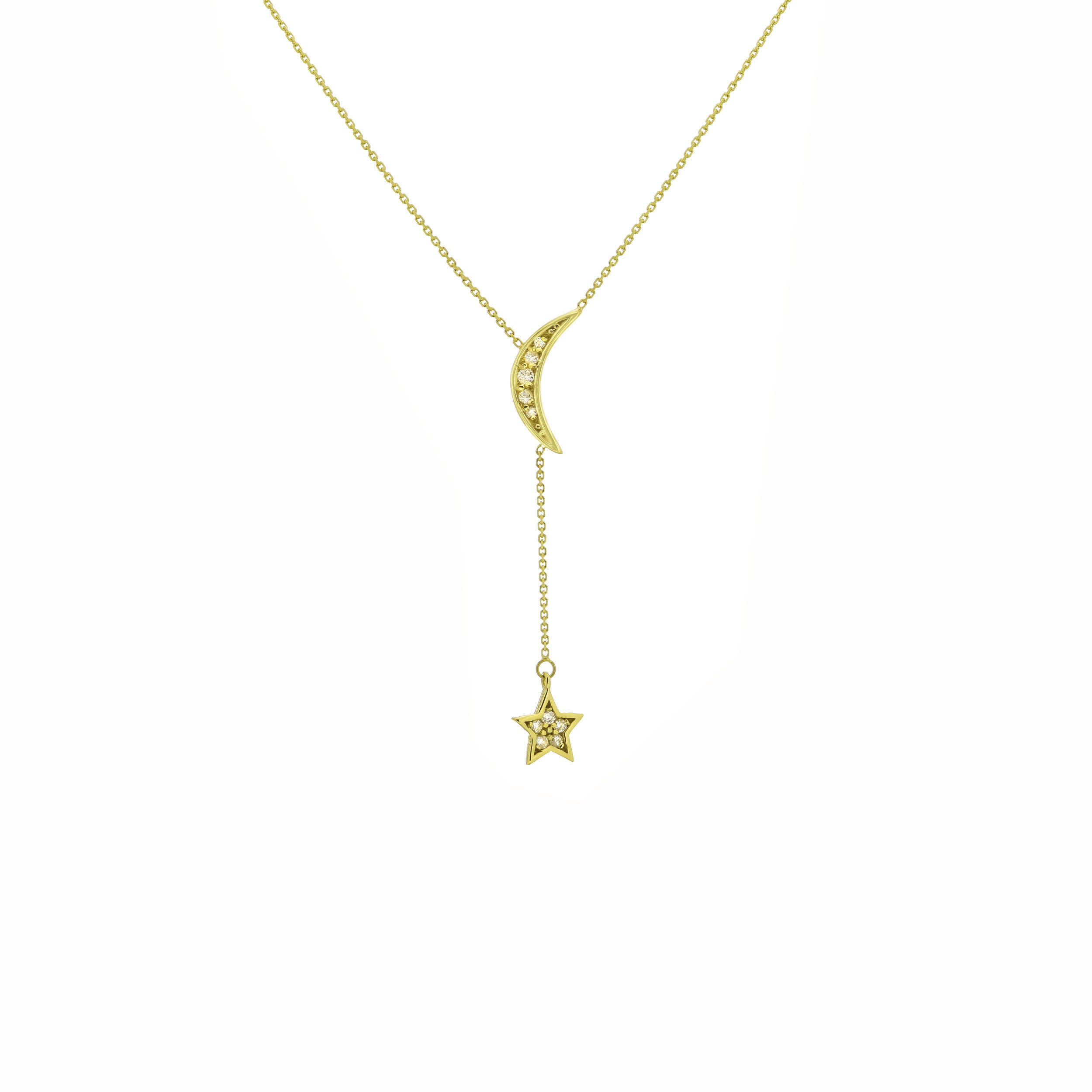 14K Gold Diamond Moon Star Lariat Necklace - Elegant Layered Pendant for Women, Perfect for Evening Parties, Date Nights & Special Occasions