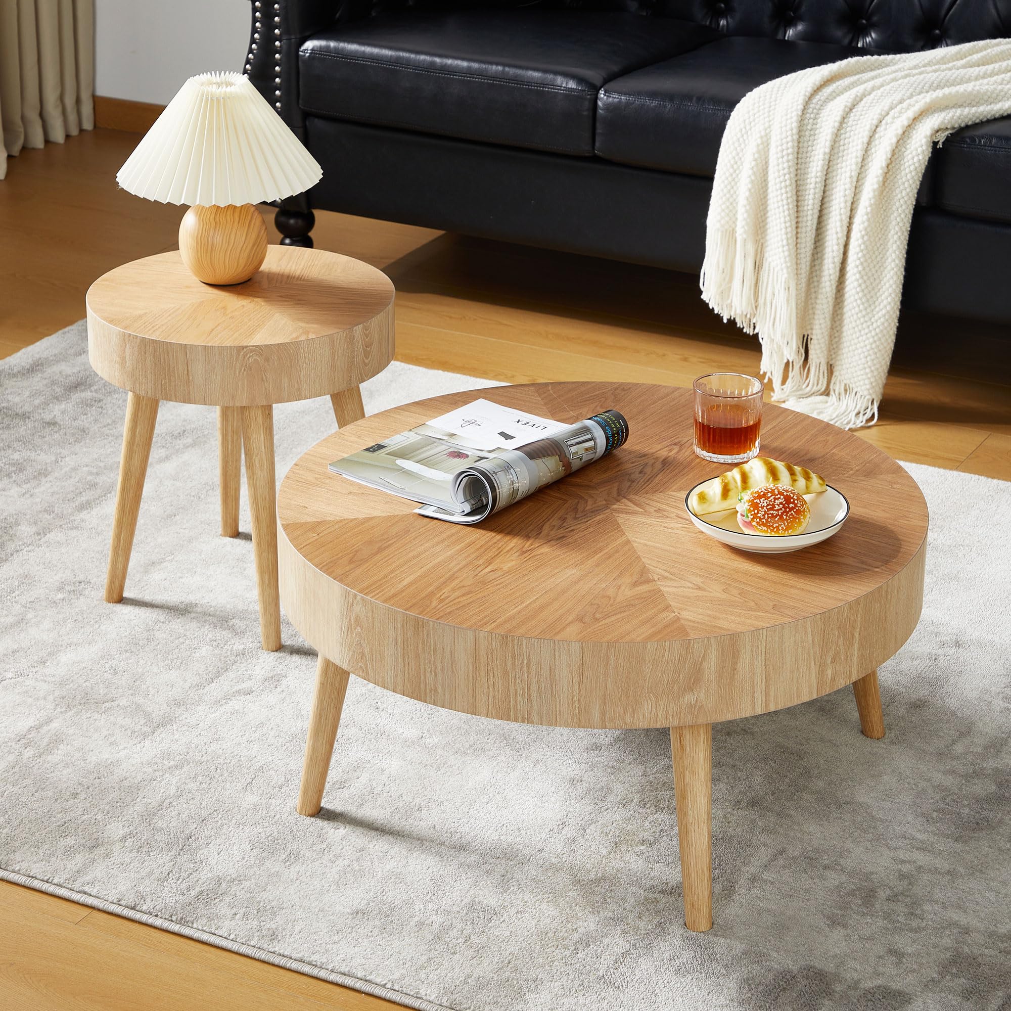 AVZEAR Nesting Round Coffee Table Set of 2 - Modern Farmhouse Style Natural Wood Side Tables for Living Room, Bedroom, Office & Cafe - Perfect for Small Spaces, Coffee Time & Home Decor (Wood Color)