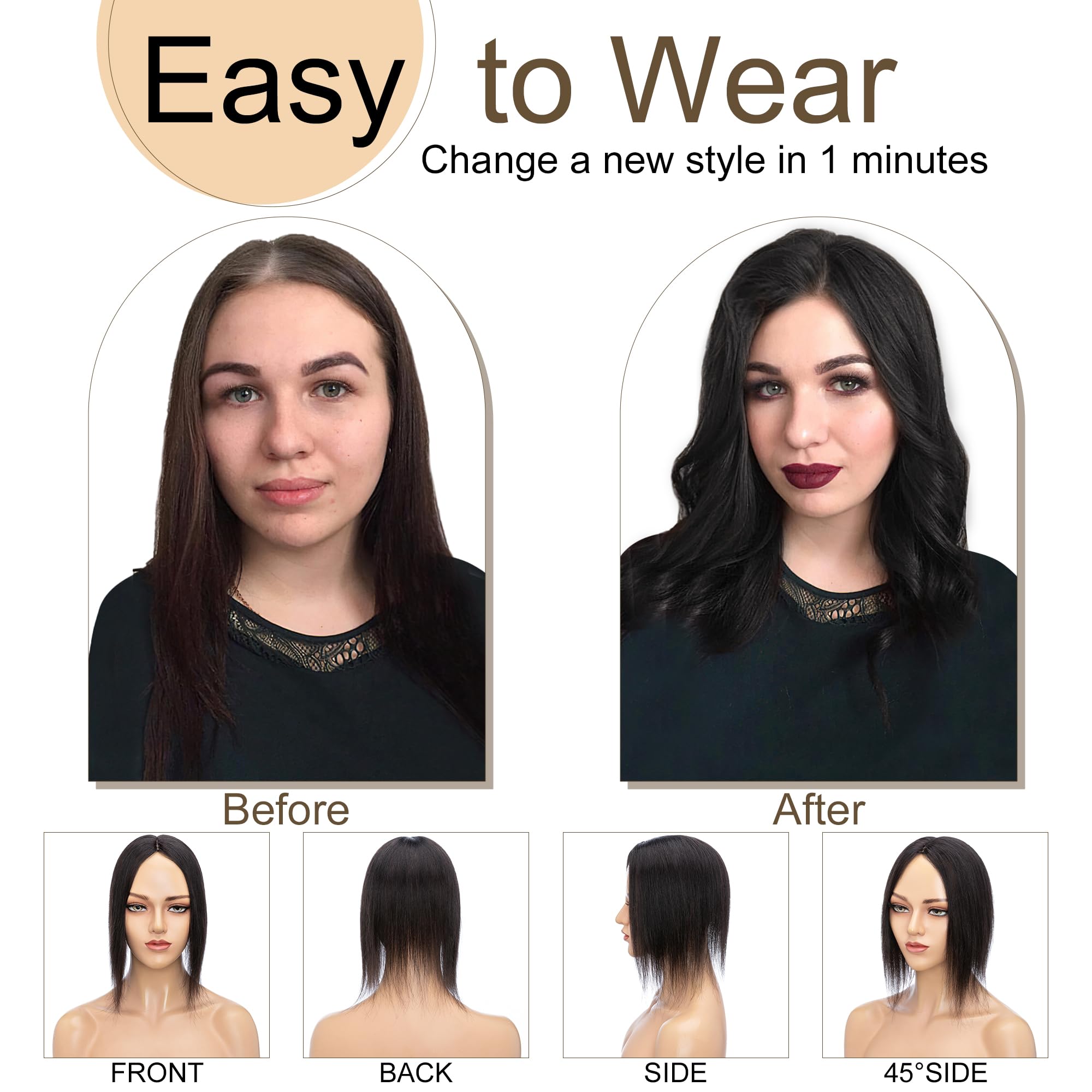 SEGO Real Human Hair Toppers for Women - No Bangs, 130% Density, 10x12cm Silk Base, 100% Remy Human Hair Clip-in Top Wiglet for Thinning Hair (16 Inch, Natural Black) - Perfect for Daily Wear, Special Occasions & Hair Volume Enhancement