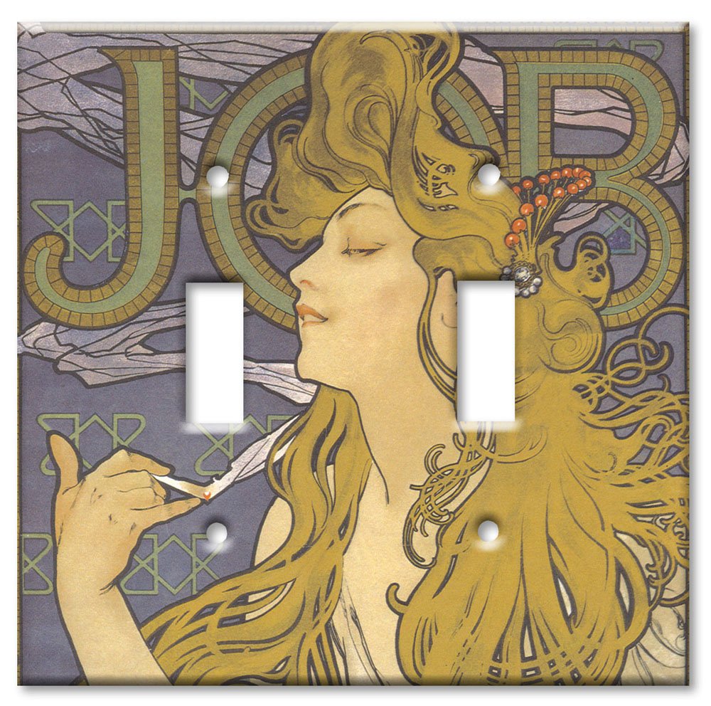 Oversized Double Gang Toggle Switch Plate Cover - Art Nouveau Metal Wall Plate with Mucha's Job Design - Made in USA - Perfect for Living Room, Bedroom & Office Decor