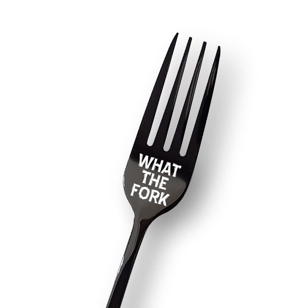 What The Fork Dinner Forks - Funny Engraved Stainless Steel Tableware Set (8 Inches, Black) - Unique Gifts for Couples, Weddings, Anniversaries & Valentine's Day - Perfect for Romantic Dinners, Special Occasions & Humorous Kitchen Decor