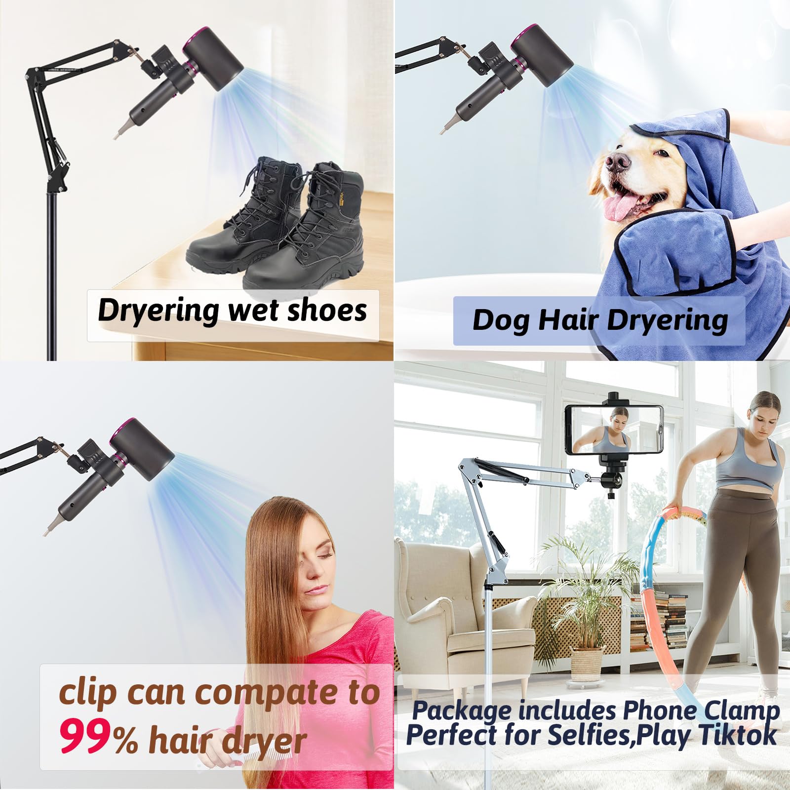 Hands Free Hair Dryer Stand Holder - Adjustable 360° Rotating Blow Dryer Stand with Clip, Compatible with 99% Hair Dryers for Salon & Home Use